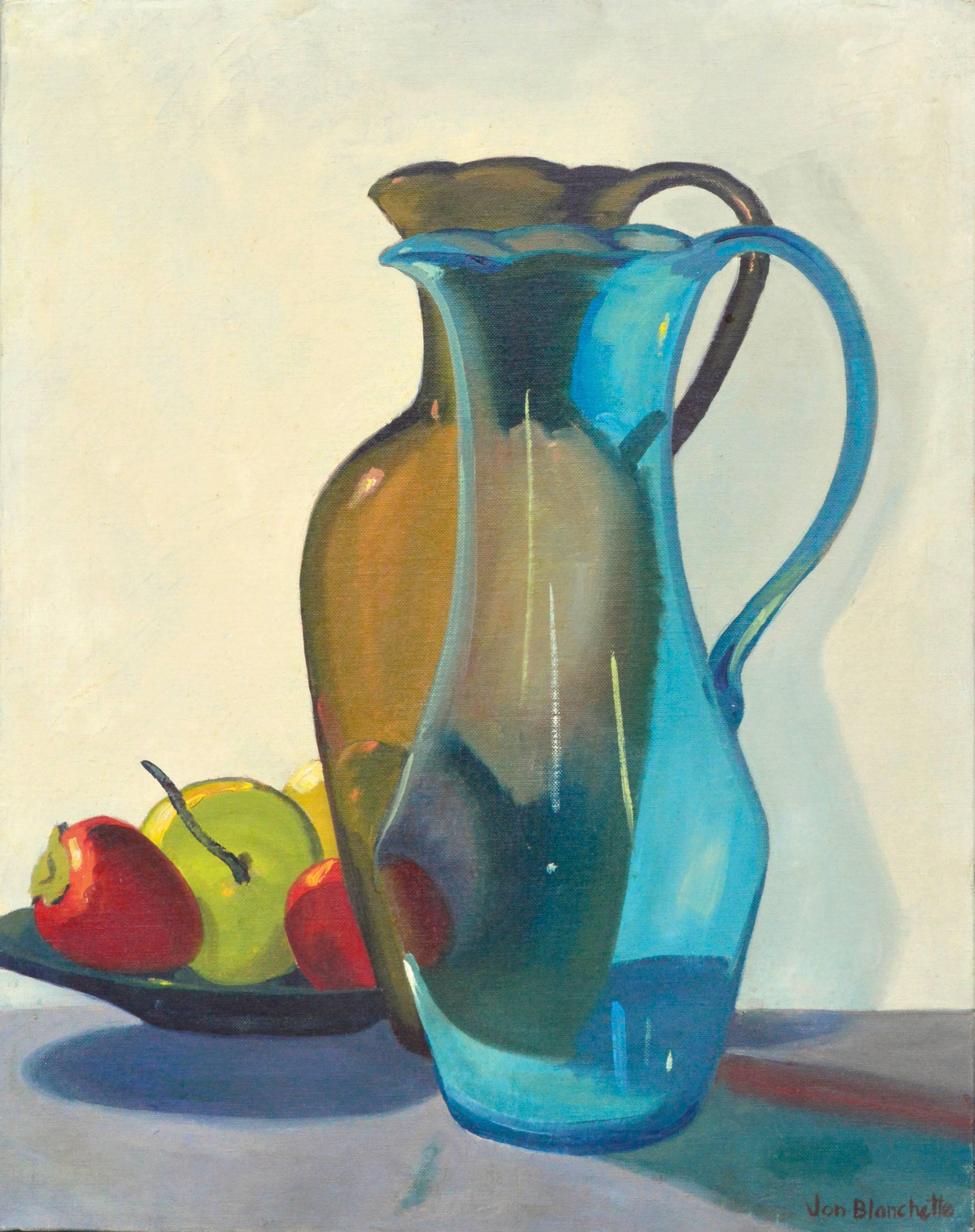 Jon Blanchette Still-Life Painting - Mid Century Modern Still Life -- Two Pitchers and Fruit