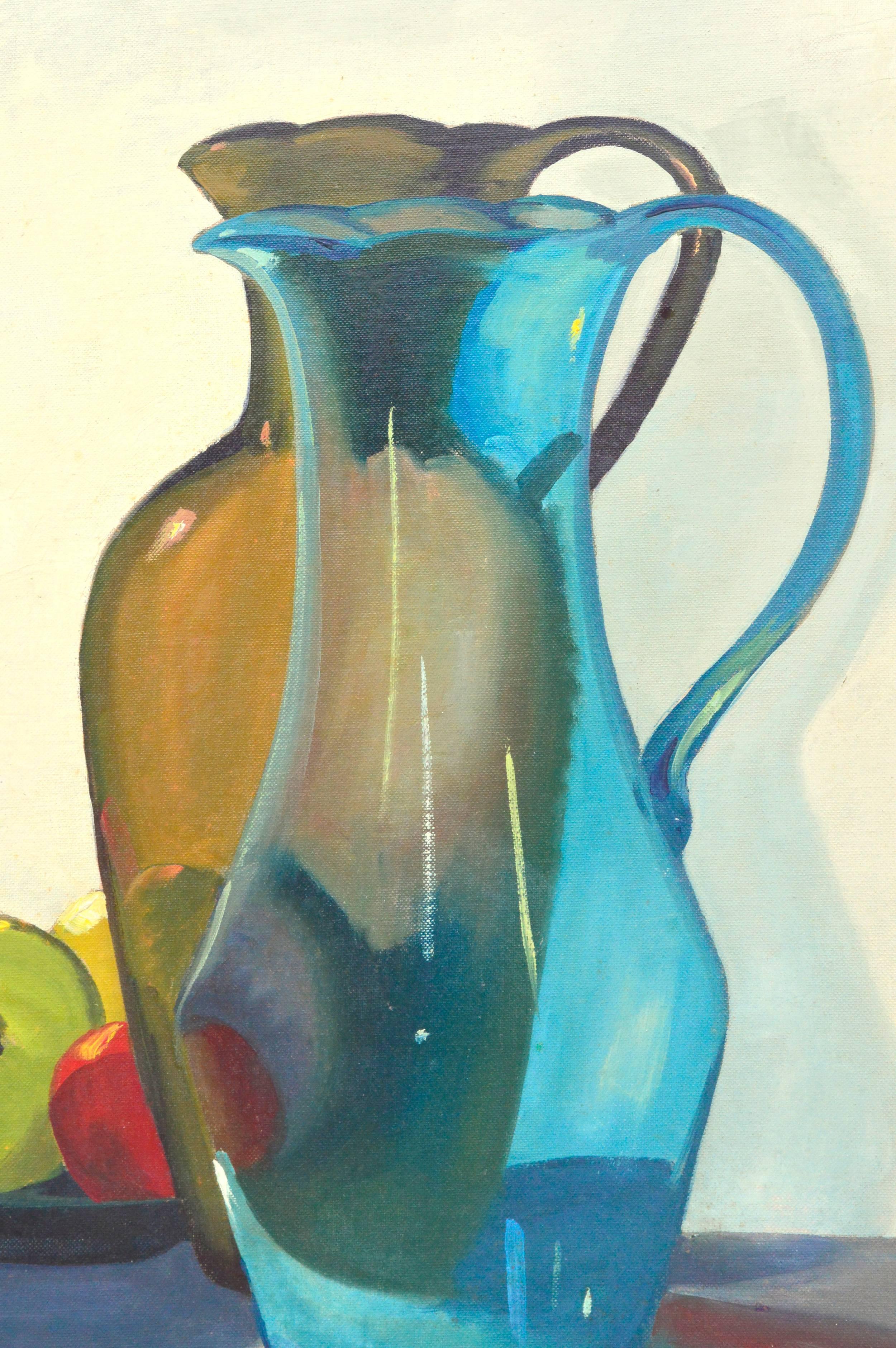 Mid Century Modern Still Life -- Two Pitchers and Fruit - Painting by Jon Blanchette