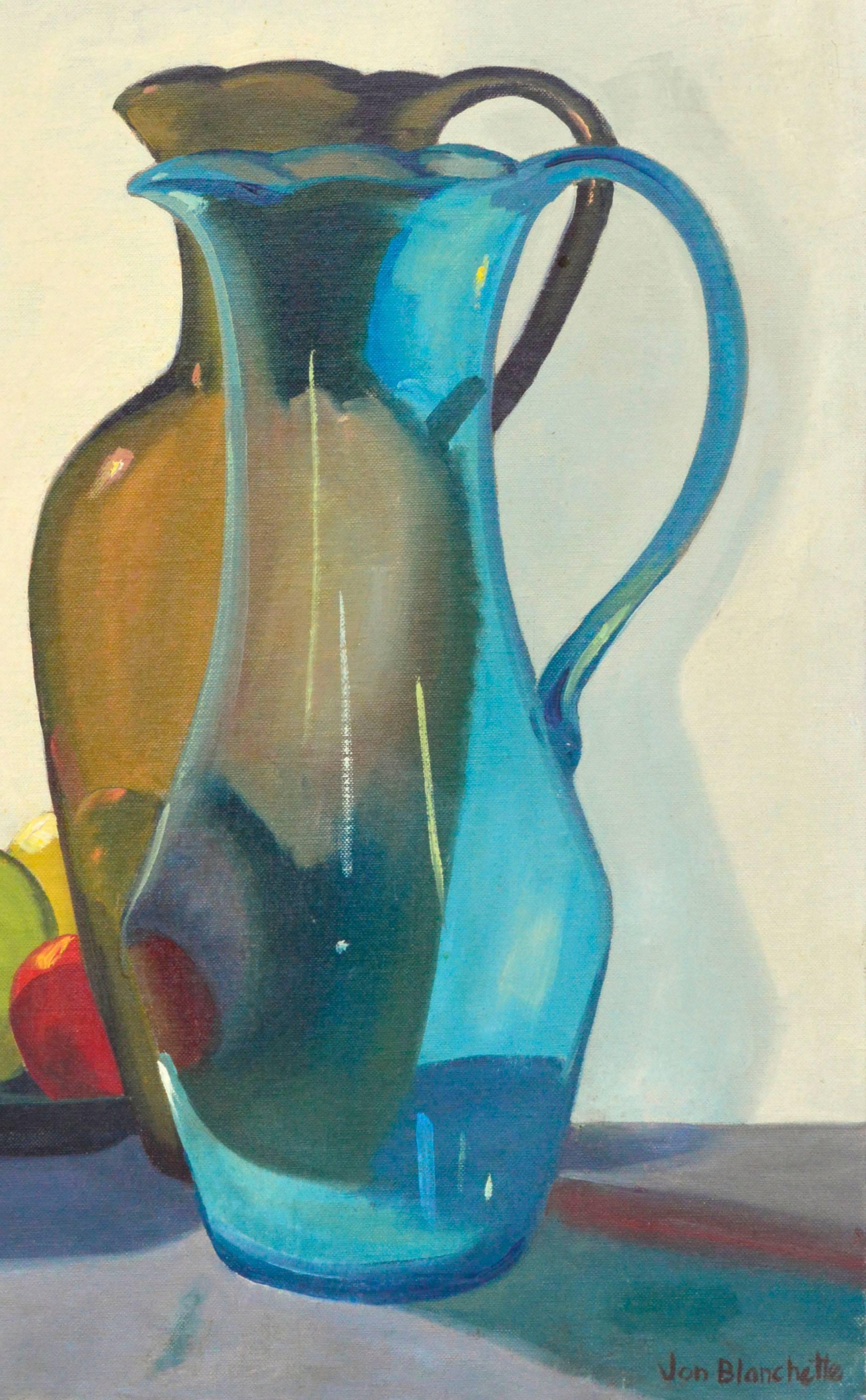 Modernes Stillleben aus der Mitte des Jahrhunderts – zwei Krüge und Obst (Amerikanischer Impressionismus), Painting, von Jon Blanchette