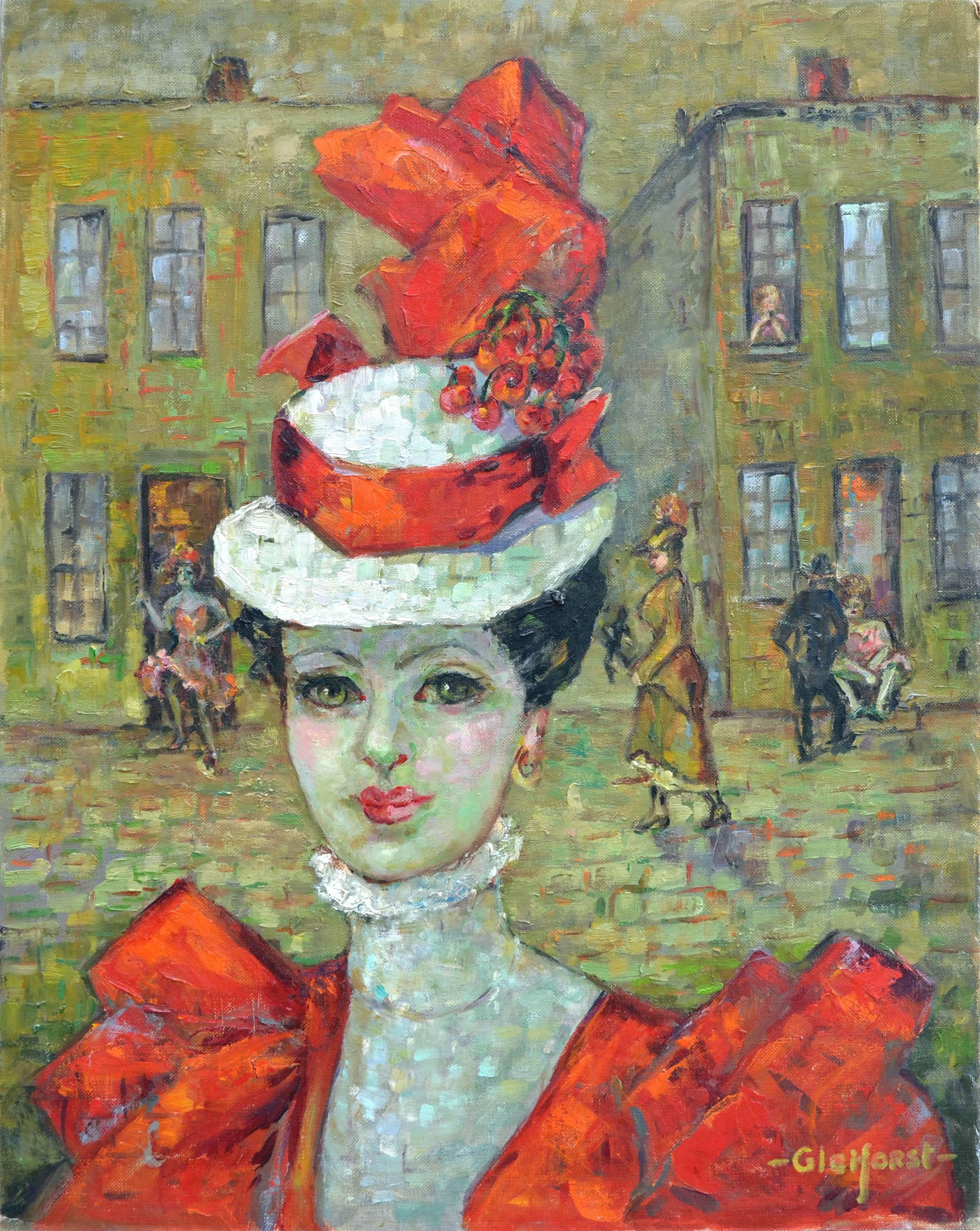 Lady in Red Hat, Paris - Painting by Helen Enoch Gleiforst