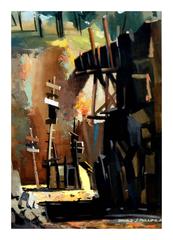 Abstraktes maritimes Landschaftsgemälde, Boote und Brücke, Moderne der Mitte des Jahrhunderts