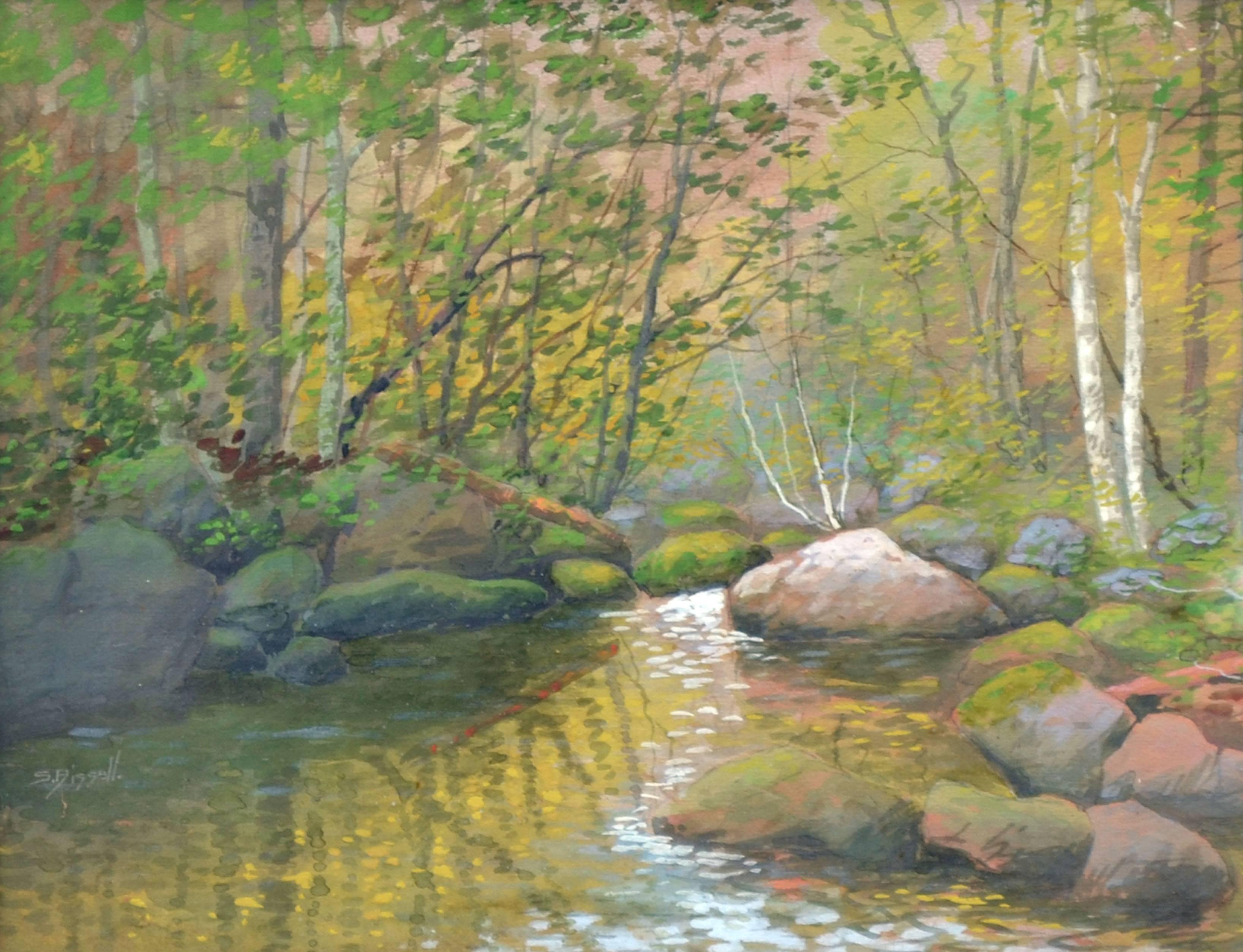 Paysage Brook de la fin du XIXe siècle, lumière du soleil - Painting de Susan Field Bissell