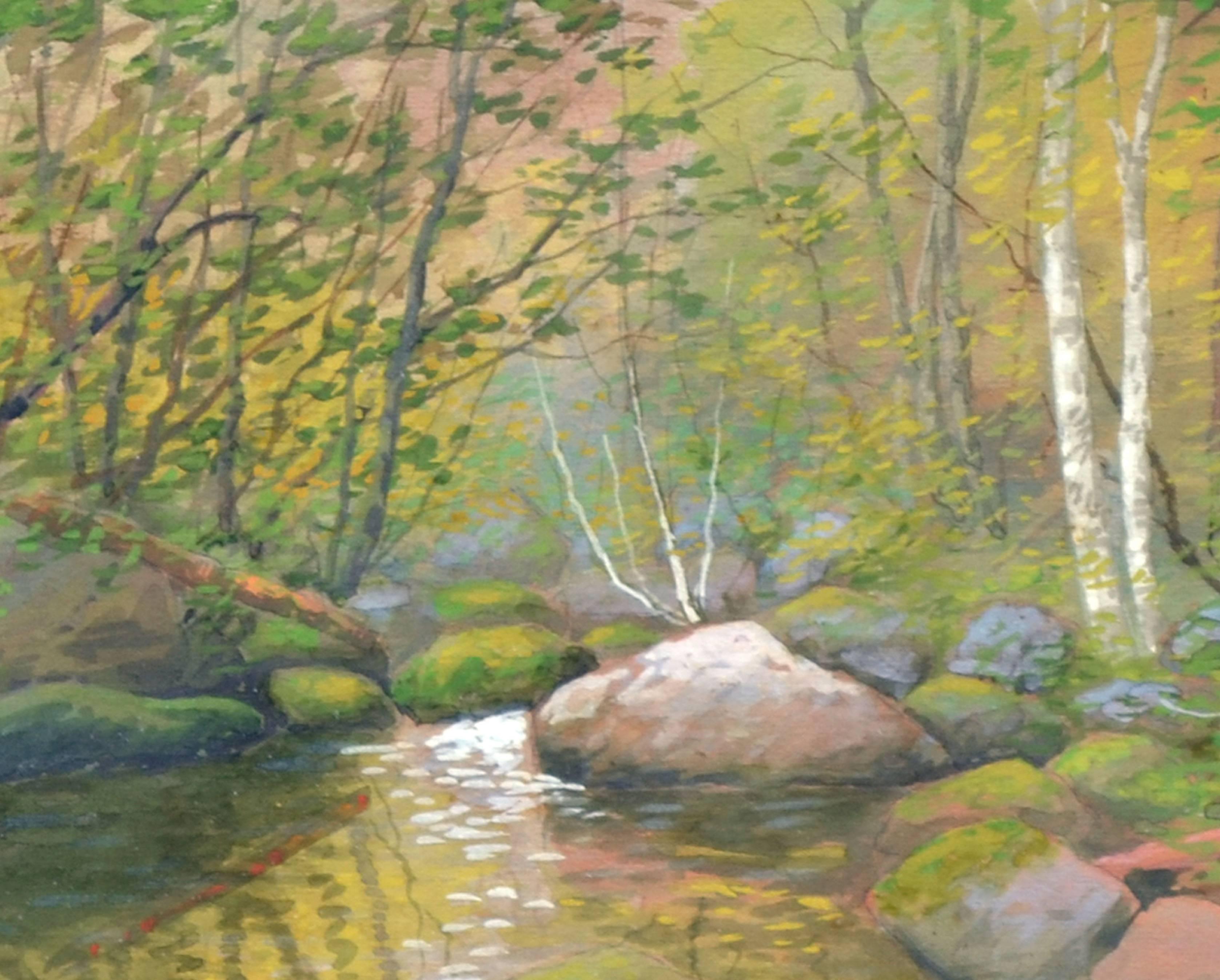 Paysage Brook de la fin du XIXe siècle, lumière du soleil - Marron Landscape Painting par Susan Field Bissell