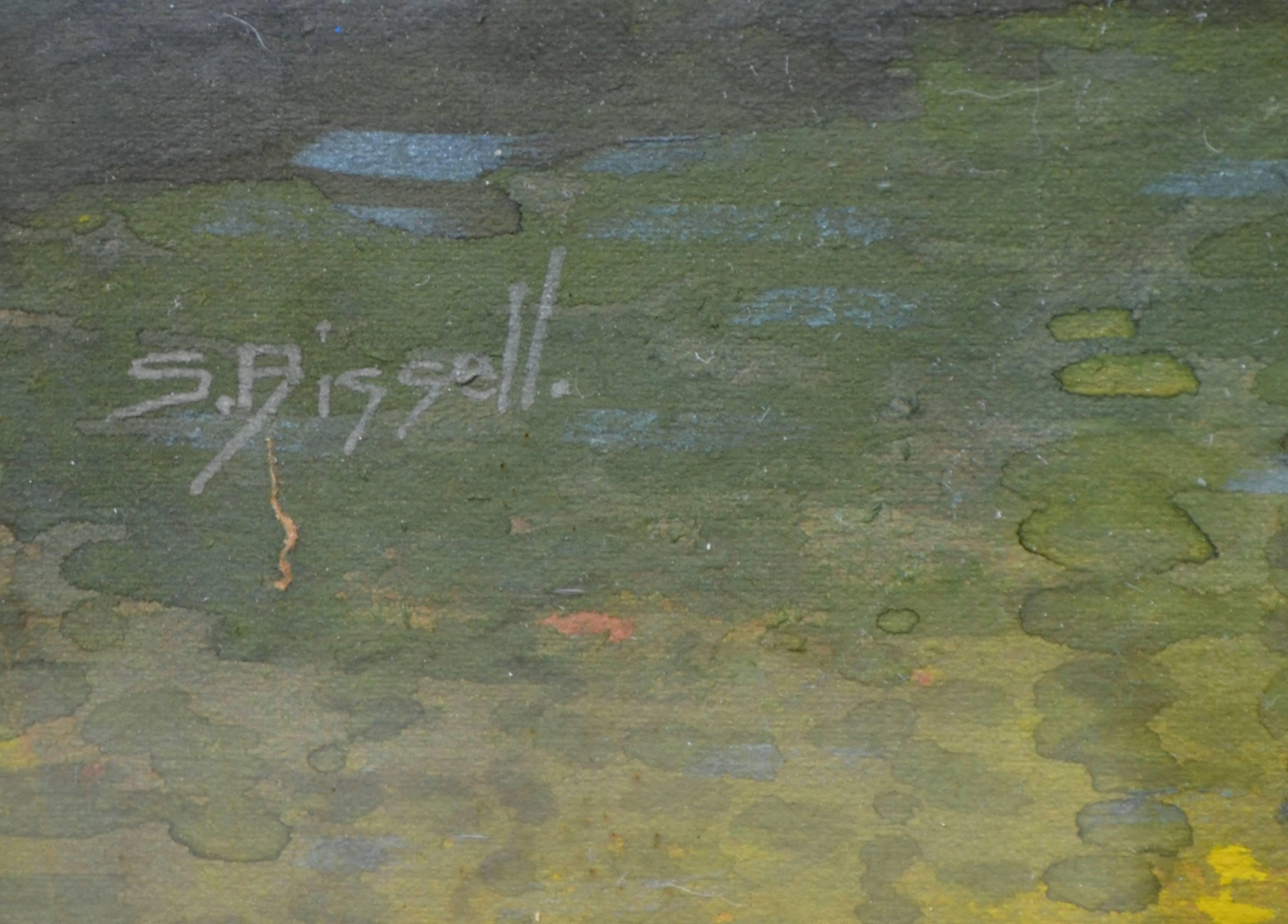 Magnifique paysage d'aquarelle représentant un ruisseau dans la forêt baigné par la lumière du soleil, réalisé par Susan Field Bissell (Américaine, 1860-1920). Présenté dans un cadre en bois doré. Signé 