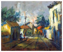 Old Town Streets, Mid Century Modern Chilean Village Figurative Landscape