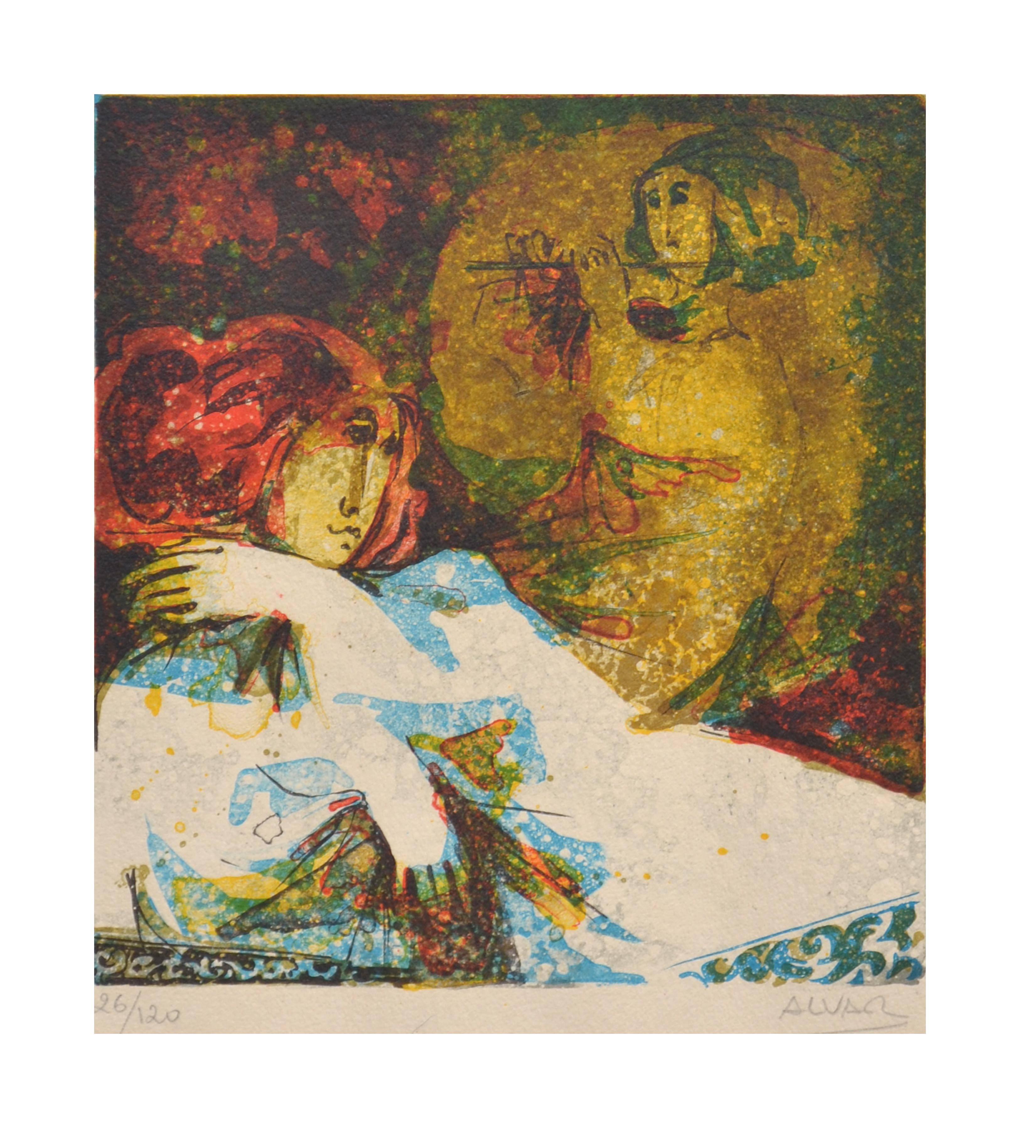 Woman and Flute Player - Print by Sunol Alvar
