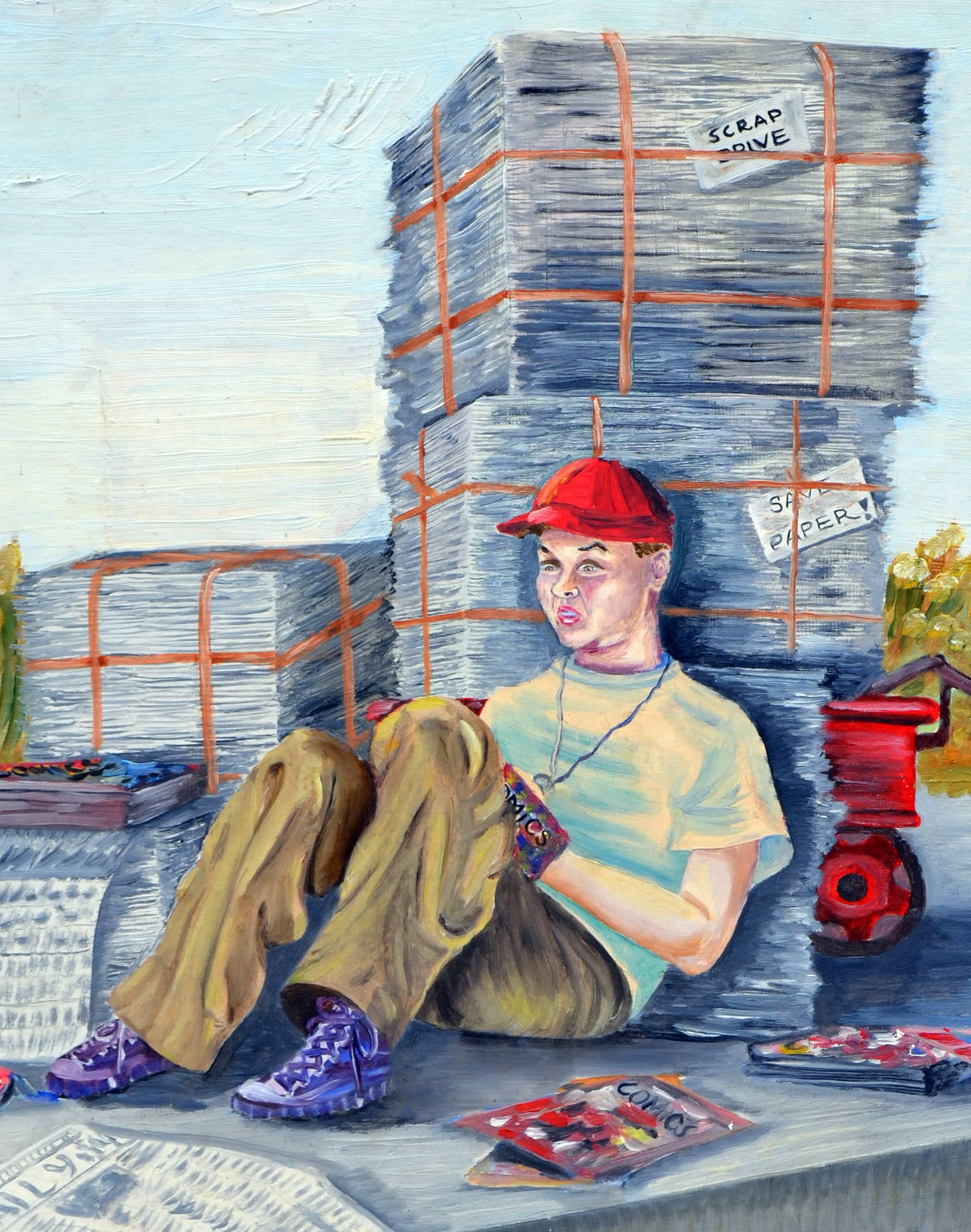 Figuratif du début du XXe siècle - Le garçon en papier et ses bandes dessinées - Impressionnisme américain Painting par Louise Miller Clark