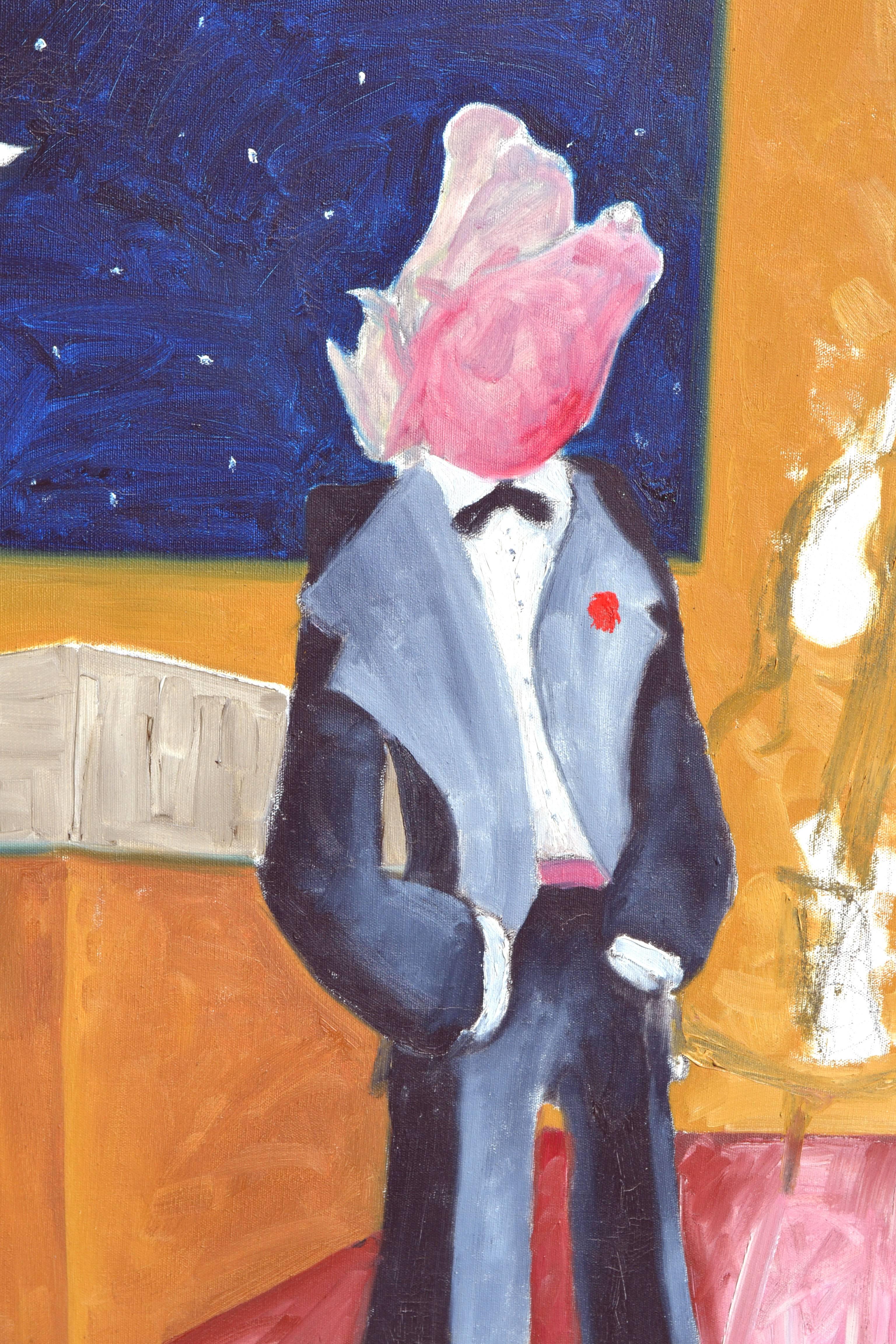 Singing At the Moon, Wolf in a Tux - Abstract Figurative  - Painting by G. Lester