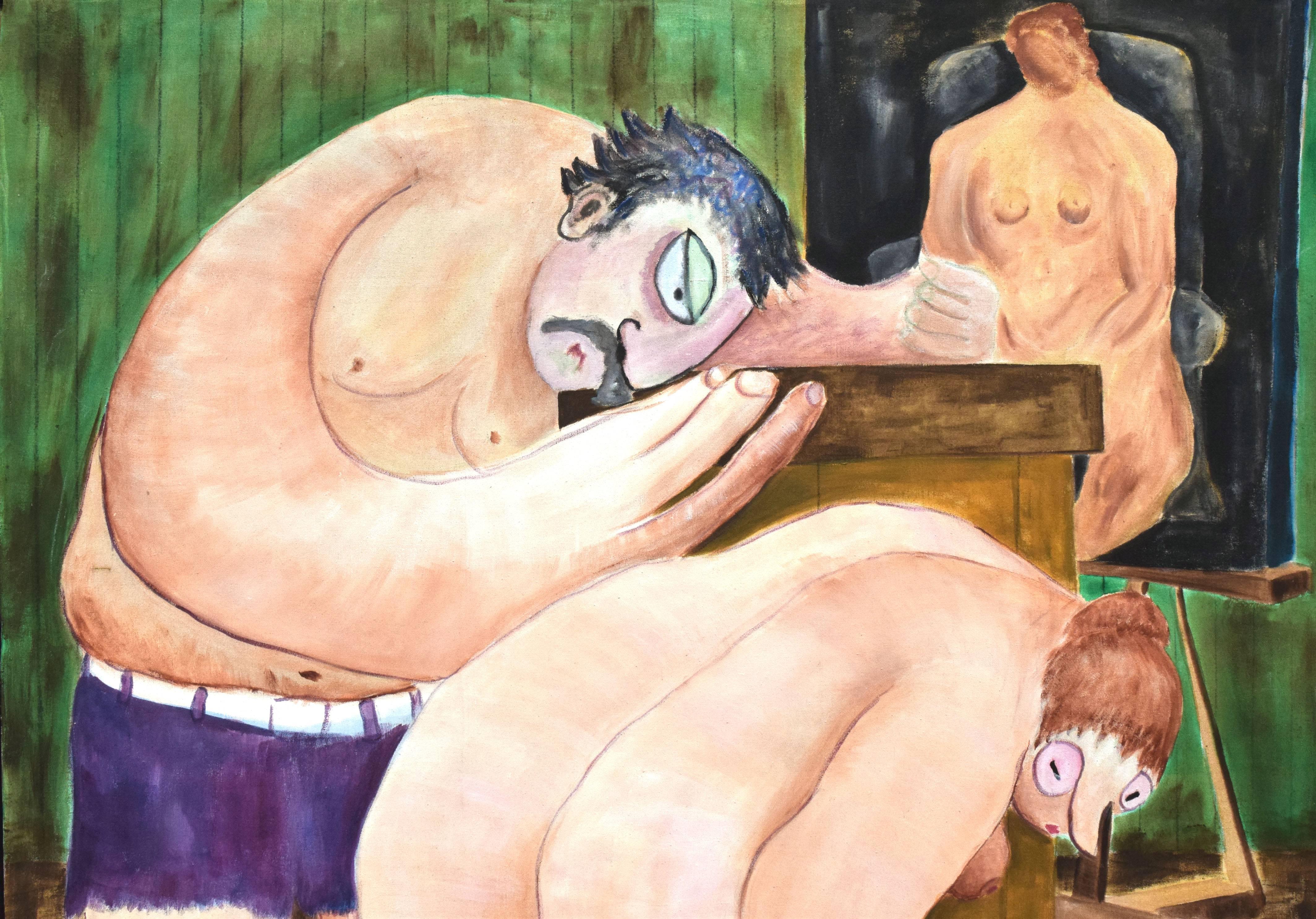 La Cage Aux Fowls - Figuratif abstrait surréaliste - Orange Nude Painting par G. Lester