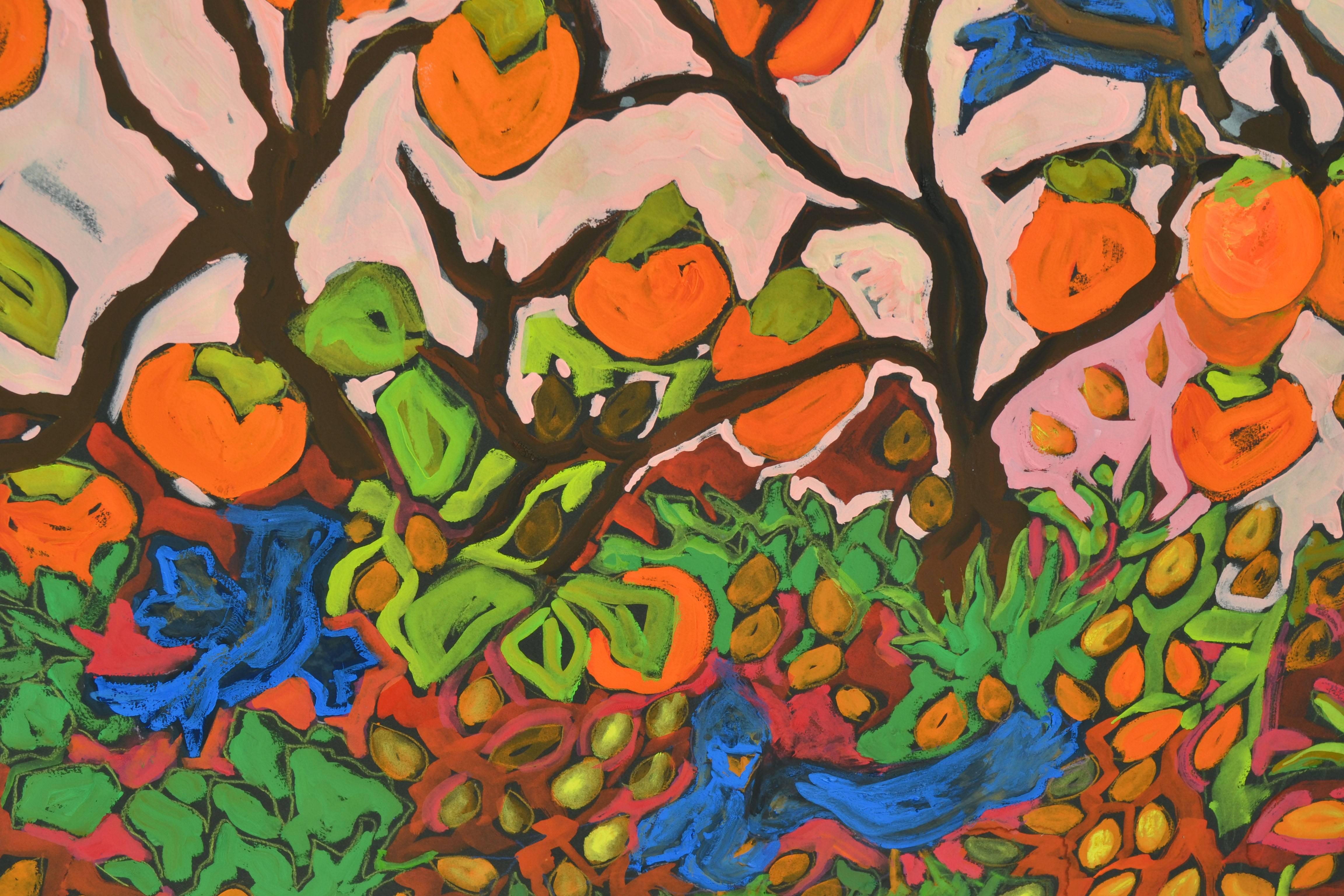Persimmons and Blue Jays - Painting by Laurie Zeszut
