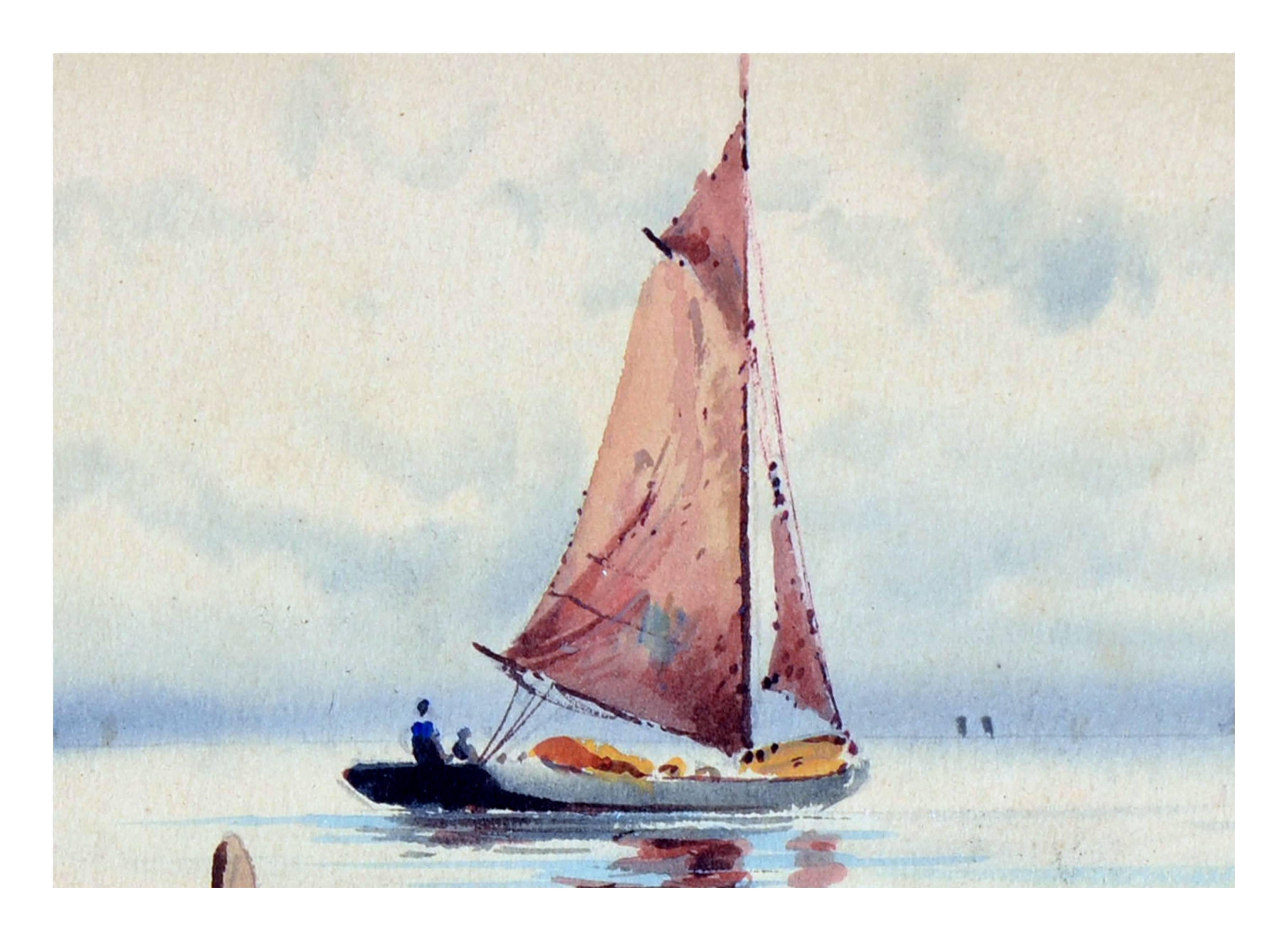 Sailboats on the Maine Coast - Brown Landscape Painting by Unknown