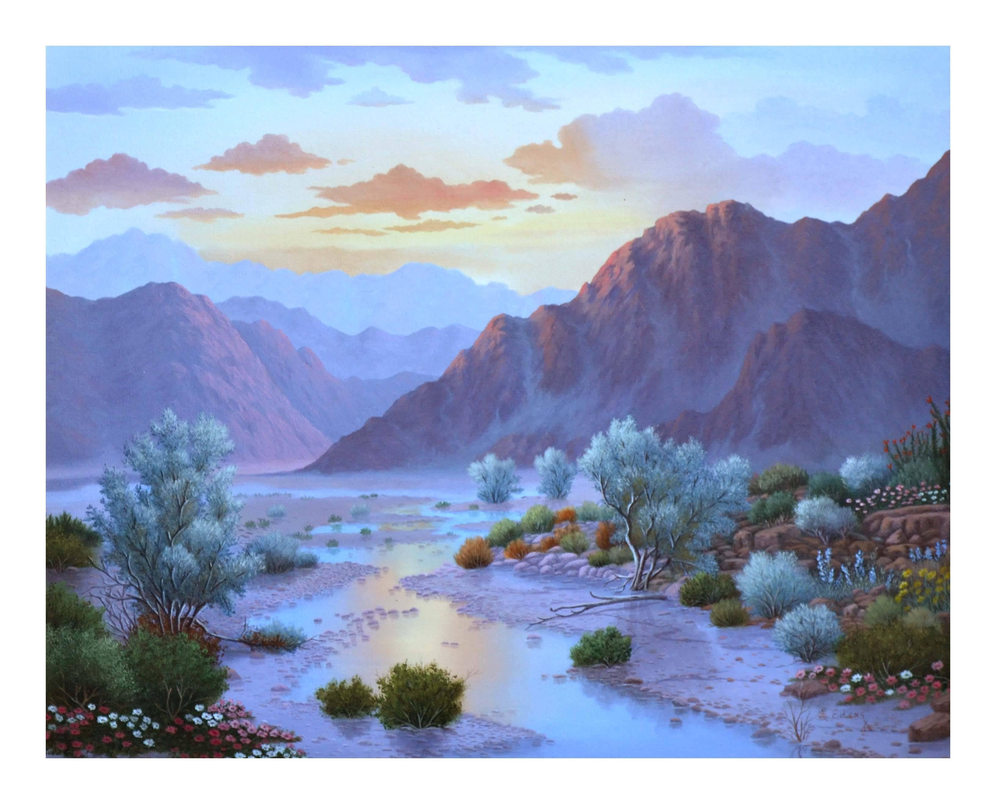 Vintage Landscape -- Sunset in the Desert - Painting by Leyette Edens