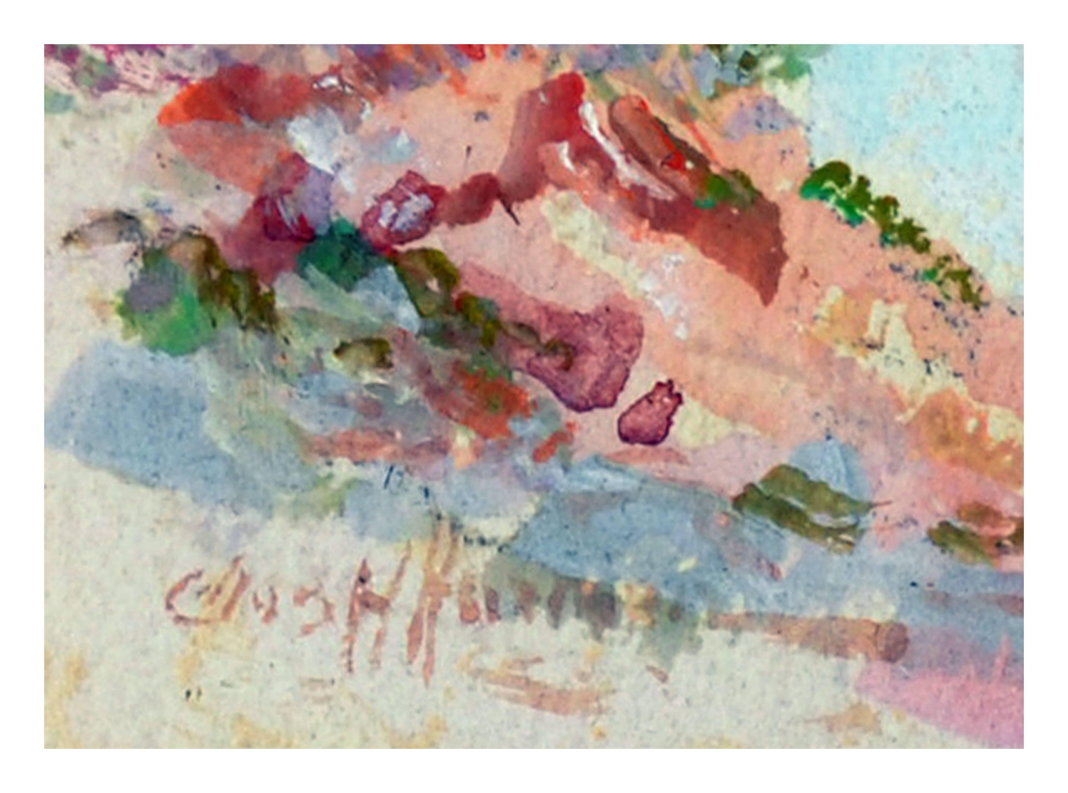 Eine farbenfrohe, ausdrucksstarke fauvistische Aquarelllandschaft eines Teichs im Wald (Pan Pacific Exposition Palace Ruins) von Charles Henry Harmon (Amerikaner, 1895-1936). Präsentiert in einem vergoldeten Rahmen. Signiert 