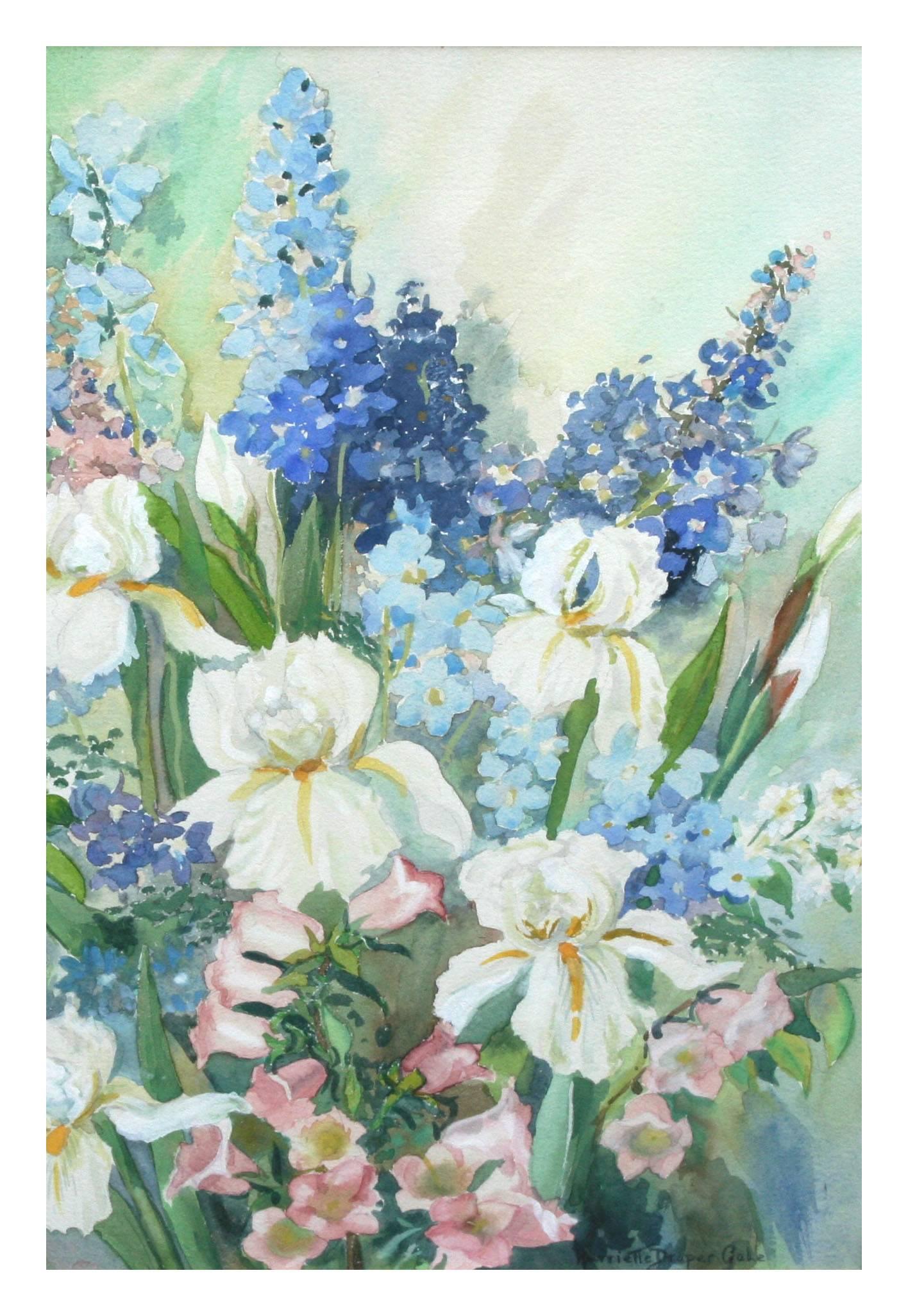 Weißer weißer Iris- und Frühlingsblumenstrauß, geblümtes Stillleben aus der Mitte des Jahrhunderts  (Amerikanischer Impressionismus), Art, von Harriette Draper Gale