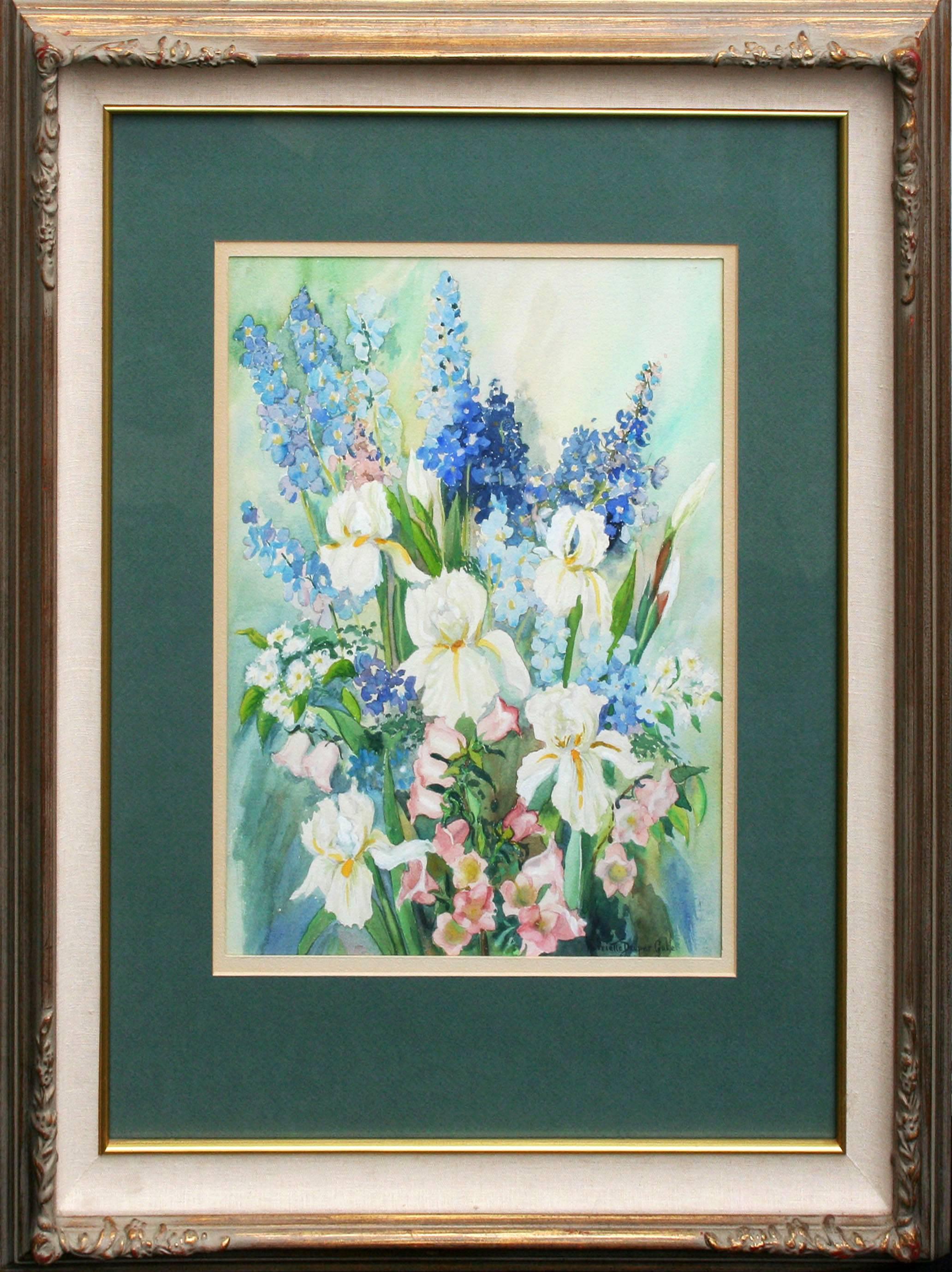 White Iris & Spring Flowers Bouquet, Mid Century Floral Still Life 