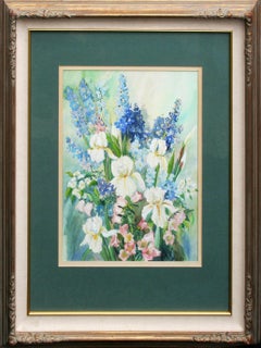 Bouquet d'Iris blanc et de fleurs de printemps, nature morte florale du milieu du siècle dernier