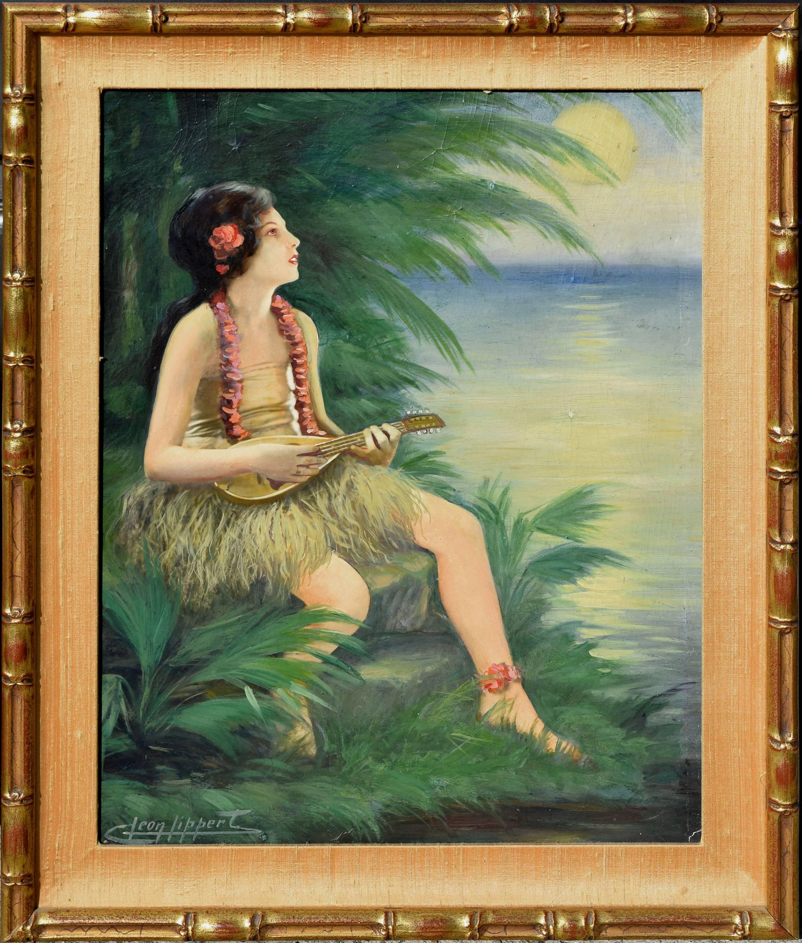 Leon Lippert Figurative Painting - Hawaiian Girl and Ukulele 