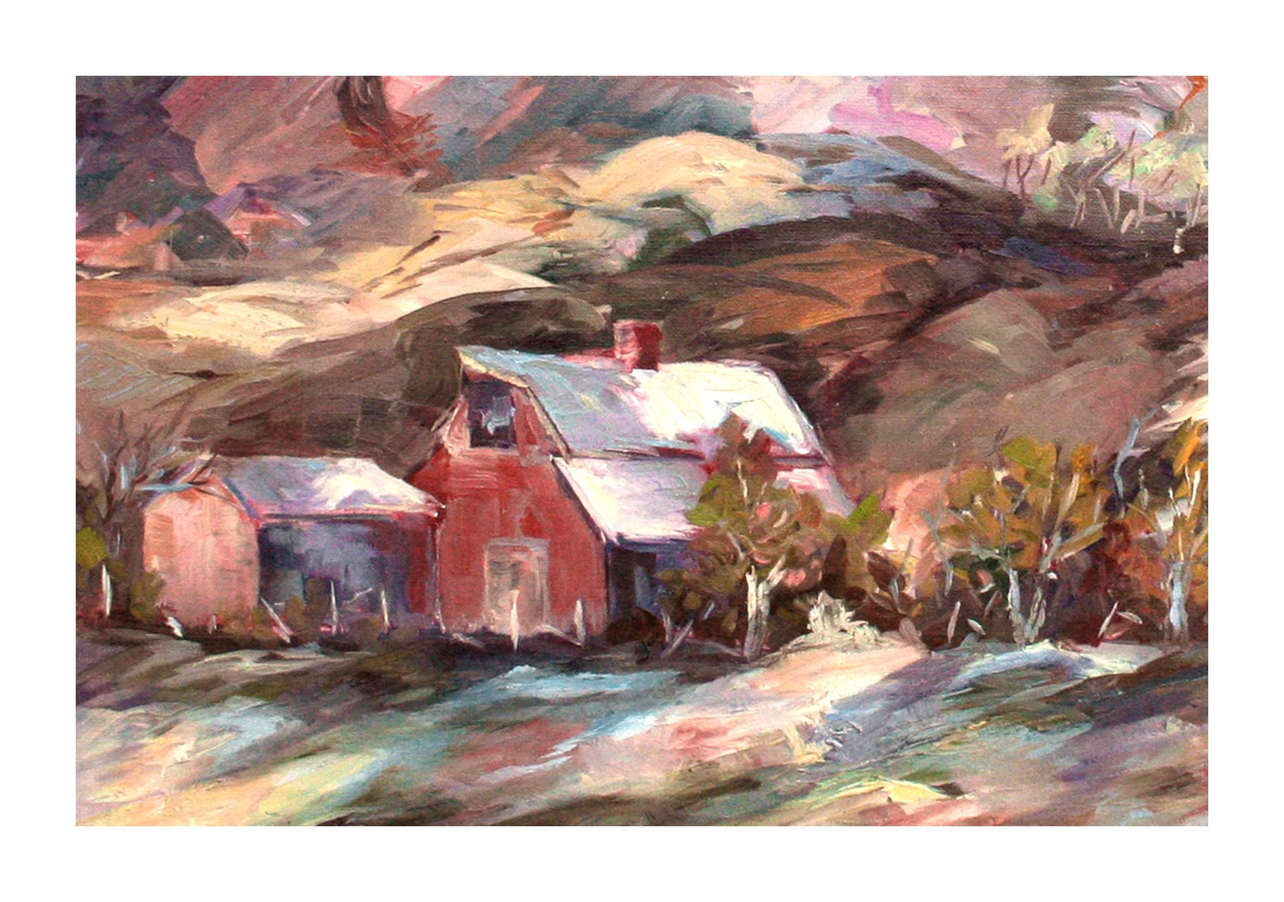 Colorful Vintage 1970's Mountaintop Landscape with Red Barn  - Painting by Unknown