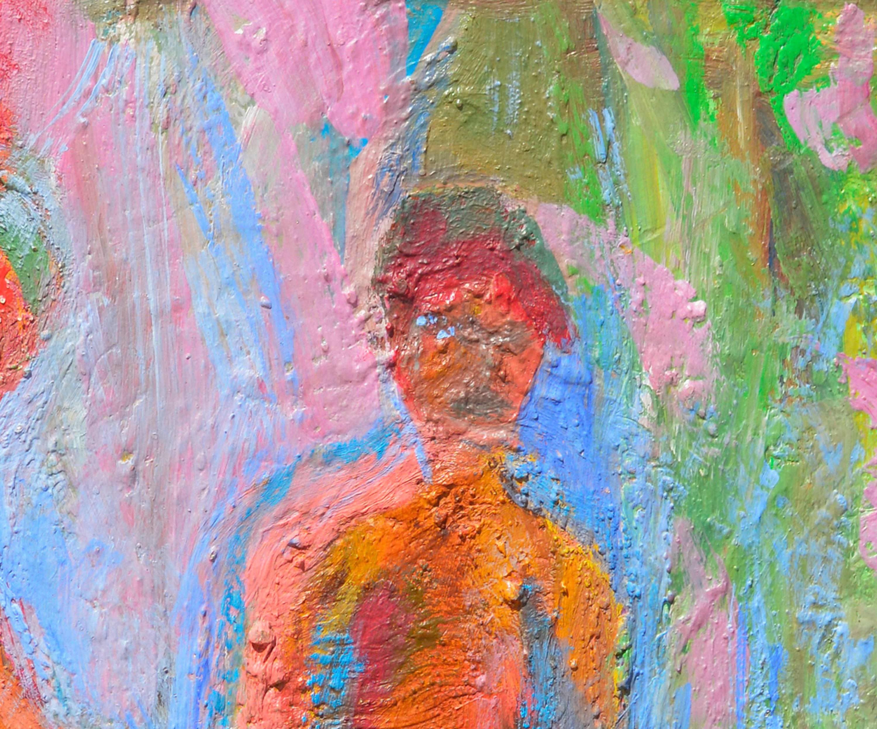 Figurative abstraite colorée d'un couple au matin par Kristin Cohen (américaine, née en 1963). La merveilleuse texture ajoute de la profondeur et de l'intérêt. Artiste expressionniste abstraite californienne, Kristin a étudié à la Humbolt State