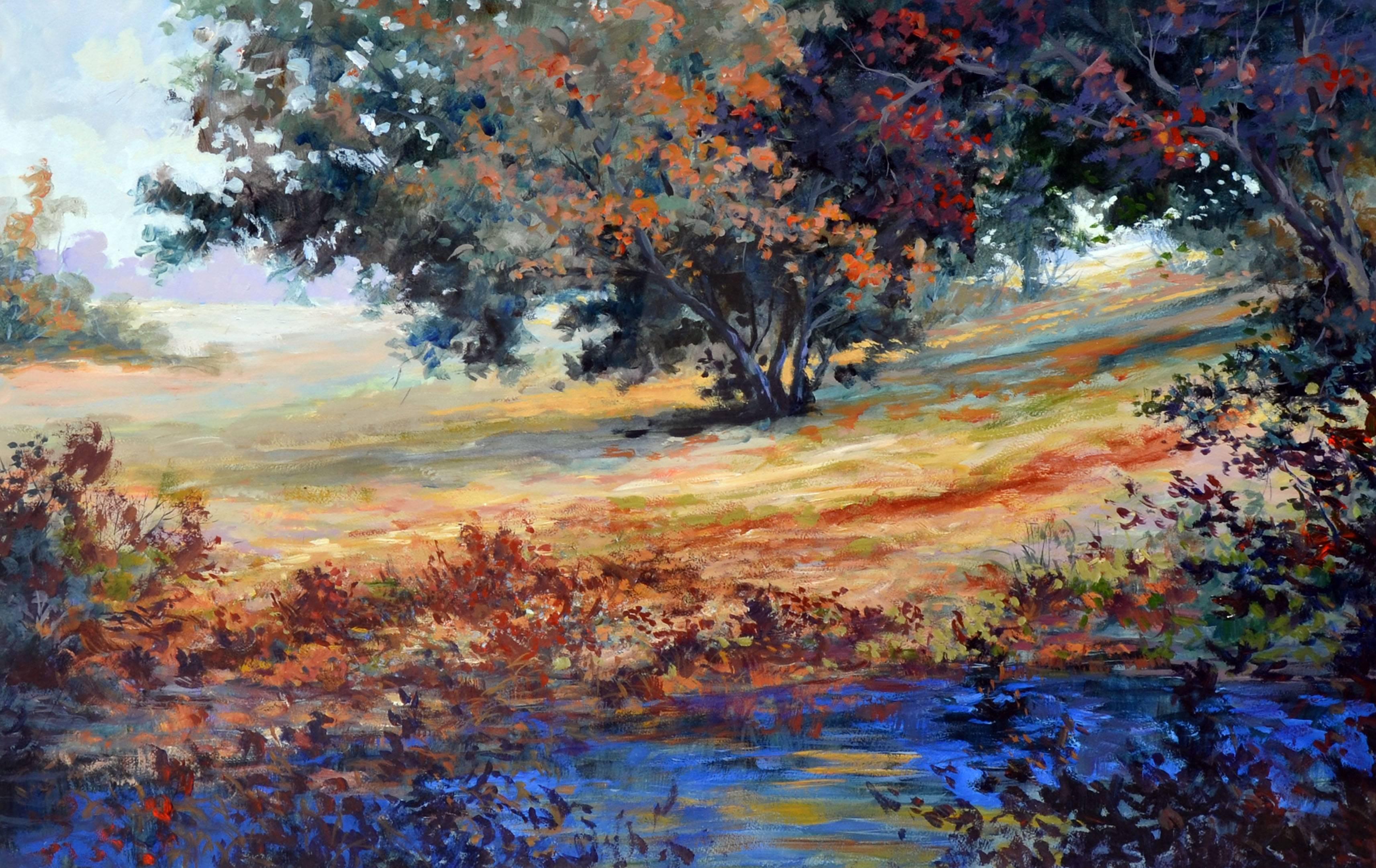 Oaks Trees and Lupines Landscape - Painting by J A Johnson