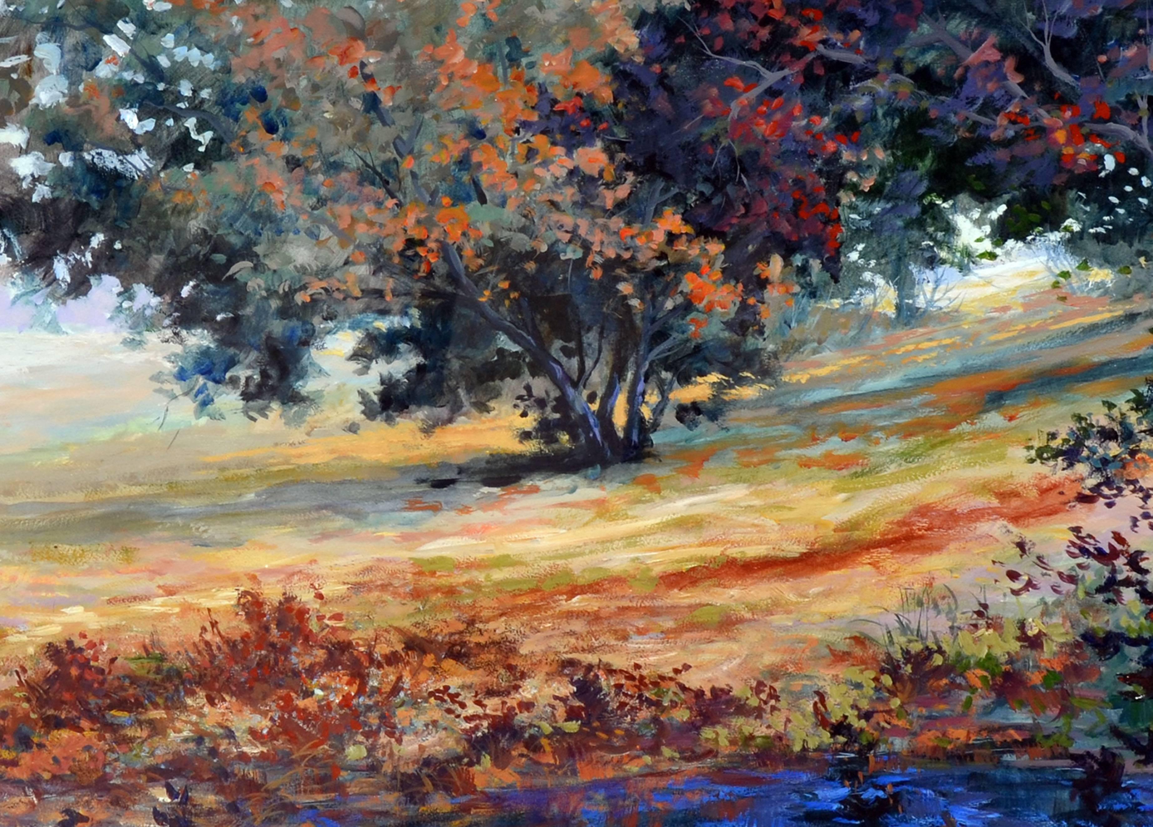 Paesaggio con alberi di Oak e lupini - Landscape Painting Grigio di J A Johnson