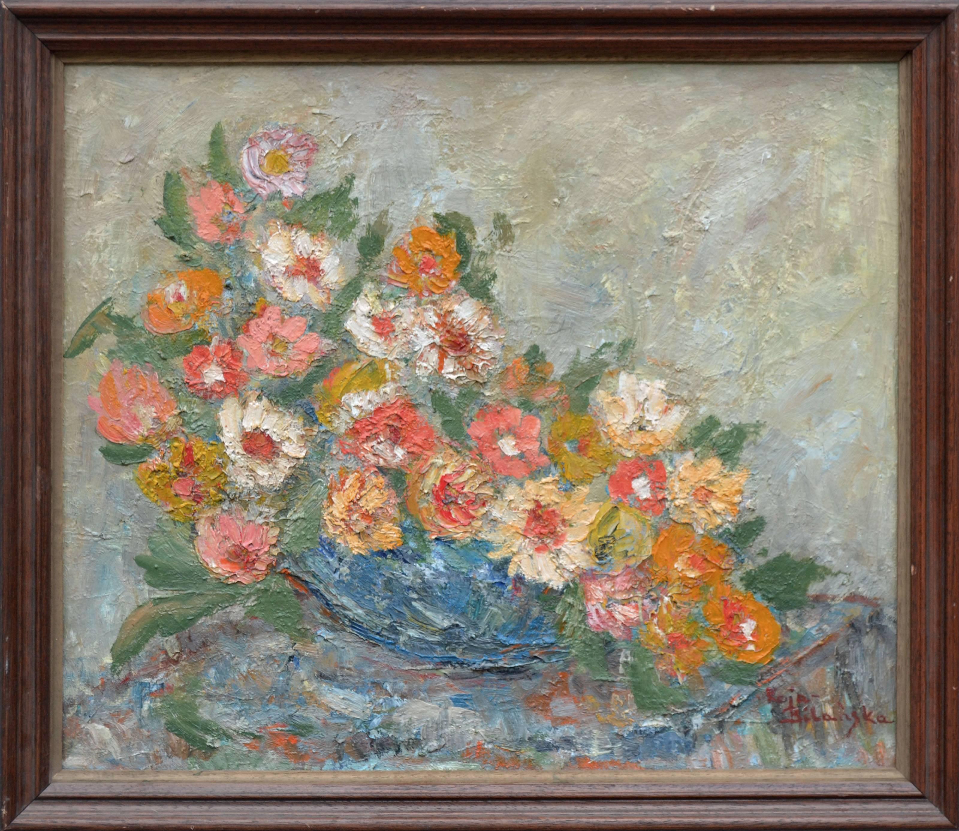 Stefania Kaja-Bilanska Still-Life Painting - Mid Century Impressionist Zinnias Still Life