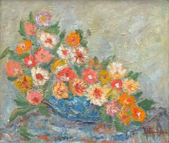 Mid Century Impressionist Zinnias Still Life