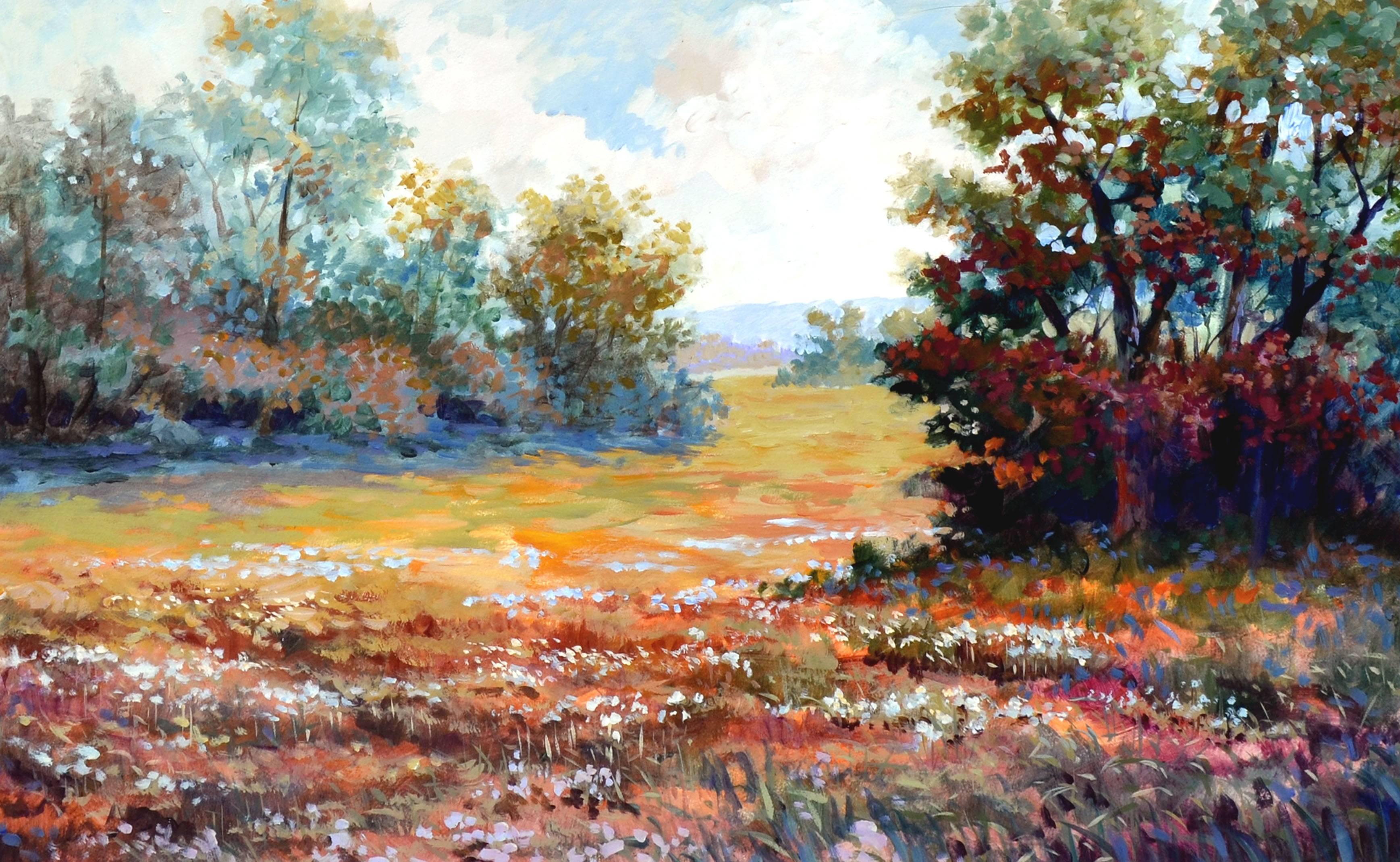 Paysage de printemps dans la vallée - Painting de J A Johnson