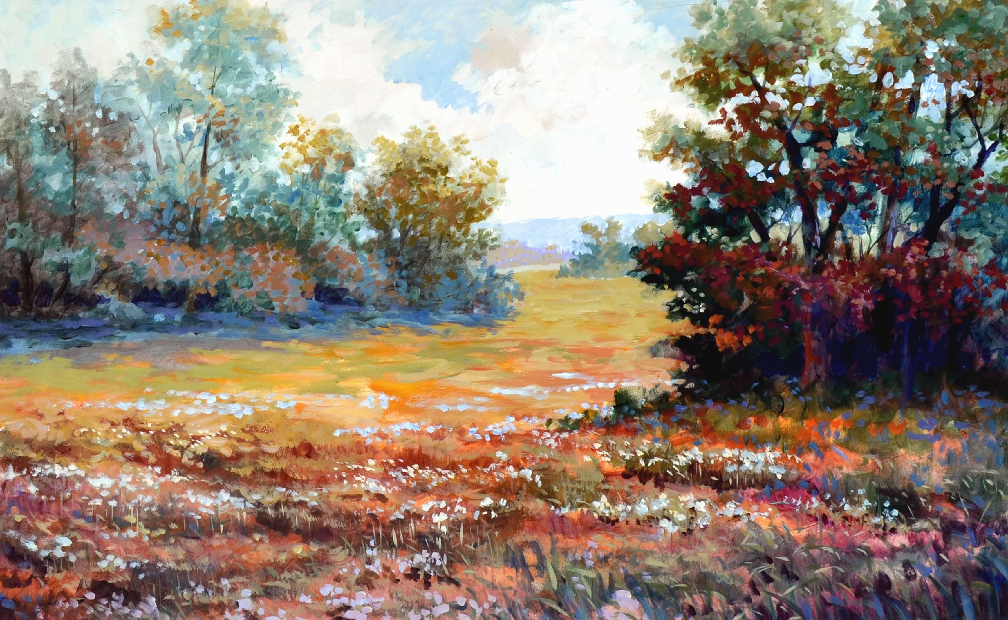 Paysage de printemps dans la vallée - Impressionnisme américain Painting par J A Johnson