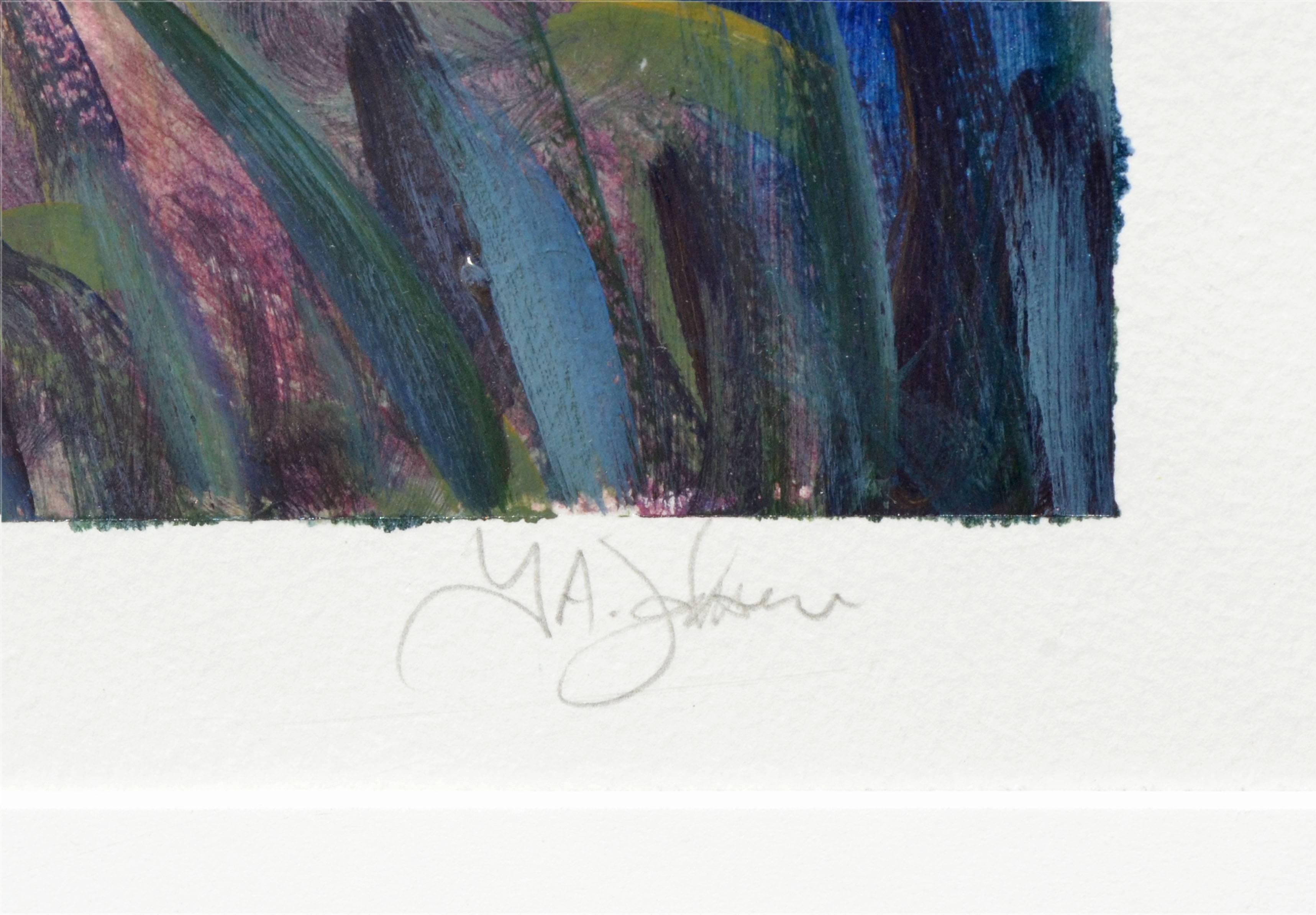 Vibrante peinture en plein air de prairies en fleurs, et paysage à l'huile sur papier de J. A. Johnson (américain, 20e siècle). Présenté dans un cadre en bois. Présenté dans un cadre en bois. Signé en bas à droite, 