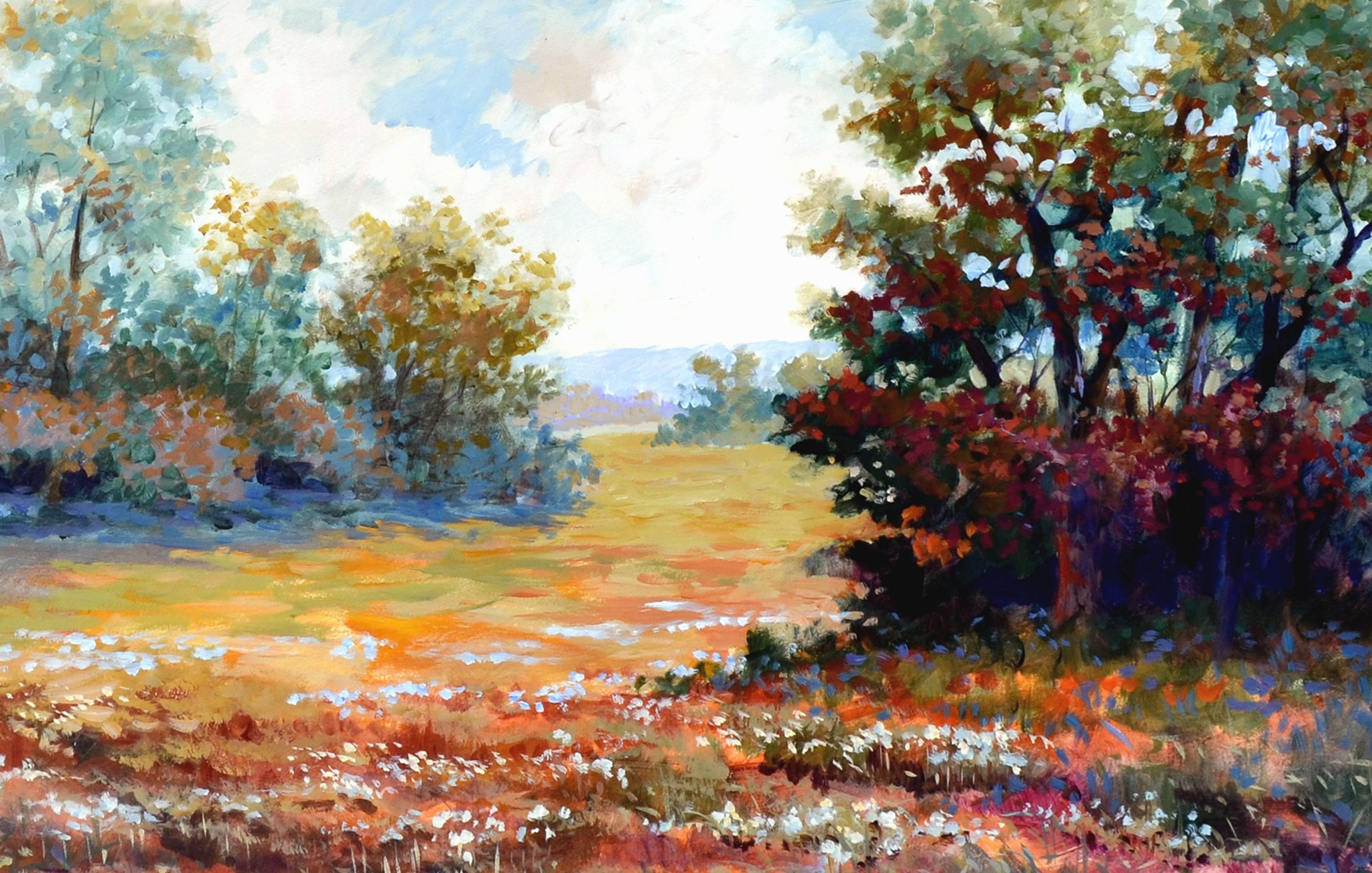 Paysage de printemps dans la vallée - Beige Landscape Painting par J A Johnson