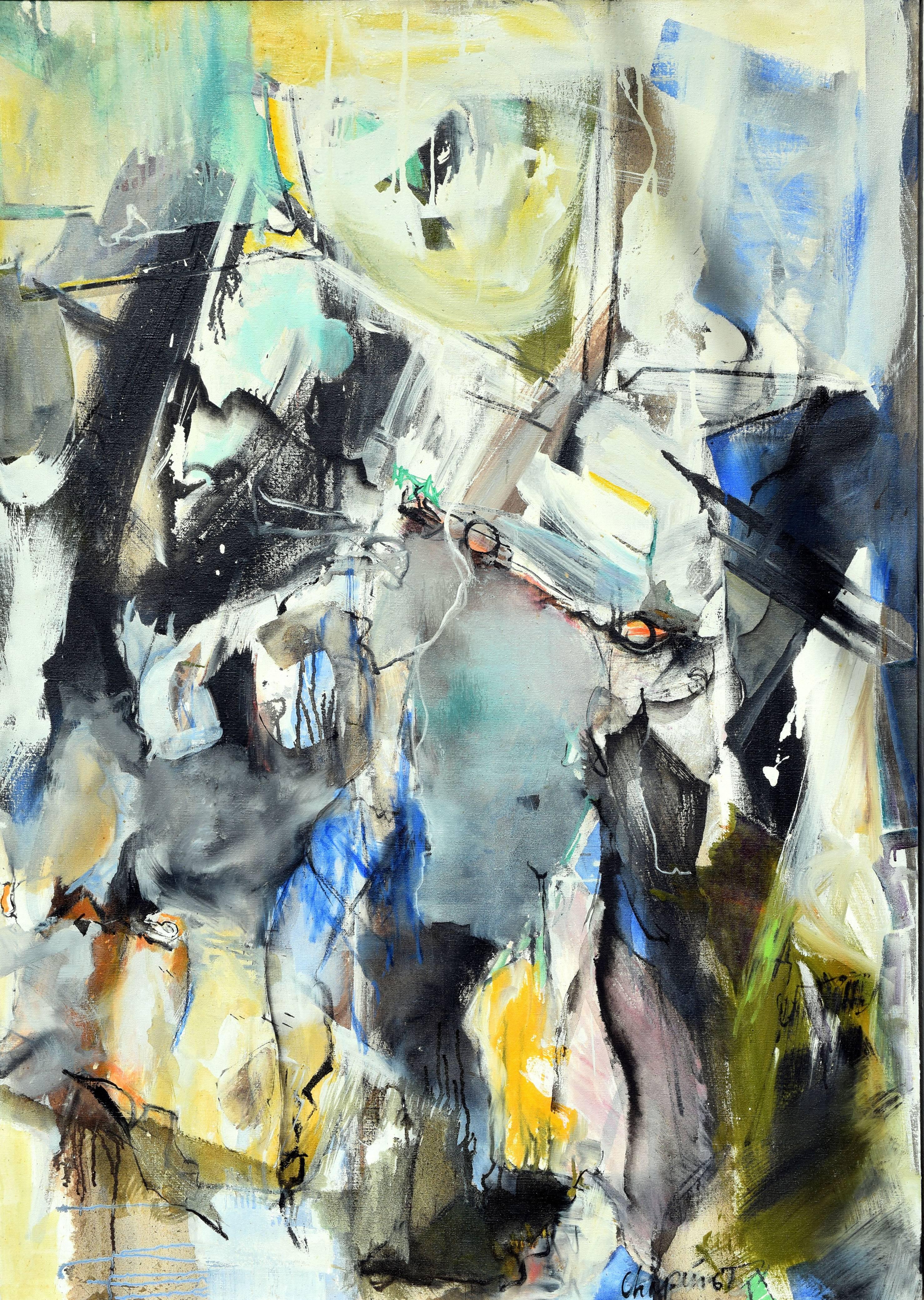 Wunderschönes abstraktes figuratives Gemälde des Künstlers Charles Chapin (Amerikaner, 20. Jahrhundert) aus North Carolina aus der Mitte des Jahrhunderts im Stil von Wilhem de Kooning, 1967.  Signiert unten rechts (Chapin '67). Verso auf der