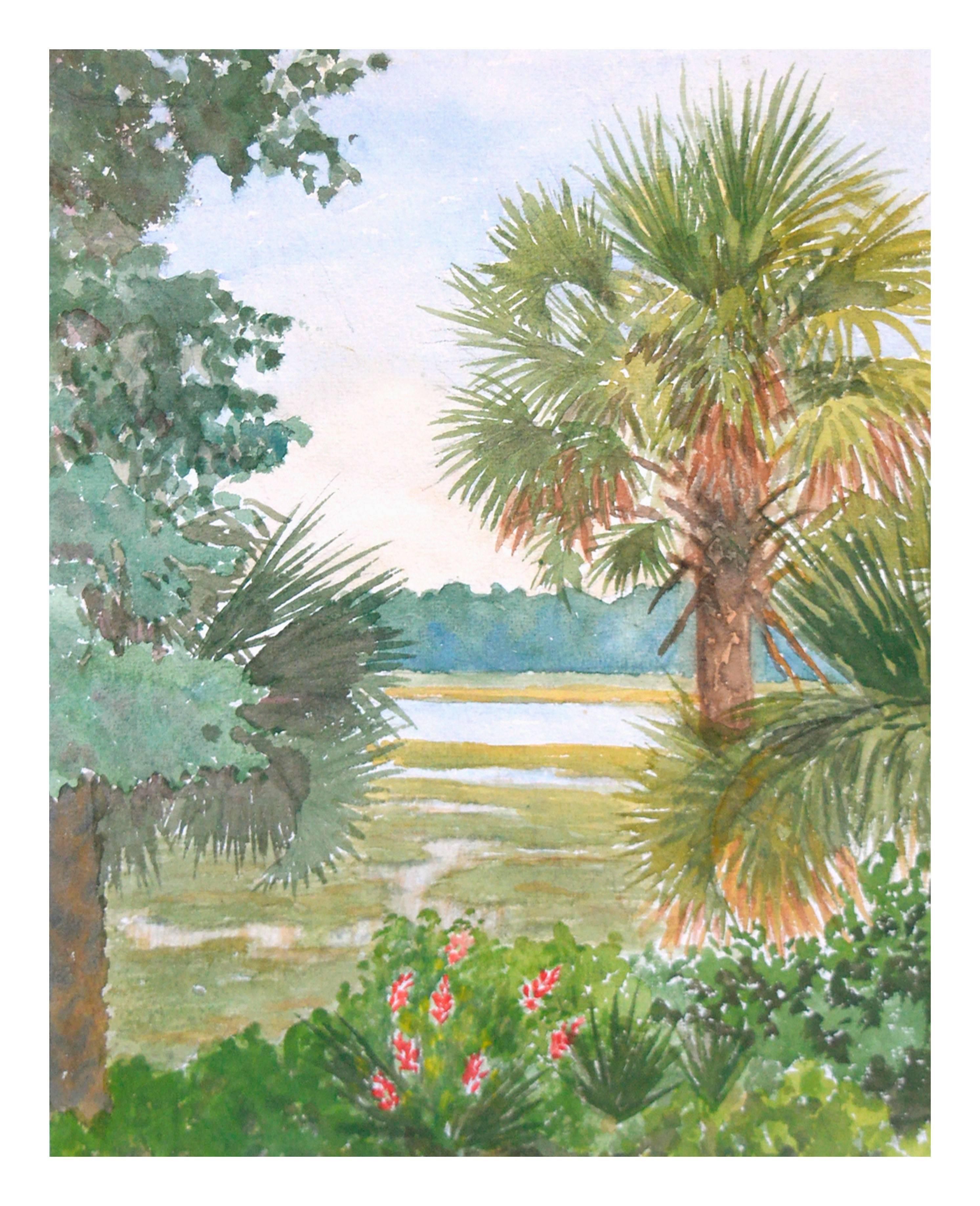 Paysage californien  l'aquarelle des annes 1930 -  Palmiers   - Impressionnisme américain Painting par Margaret E. Rogers