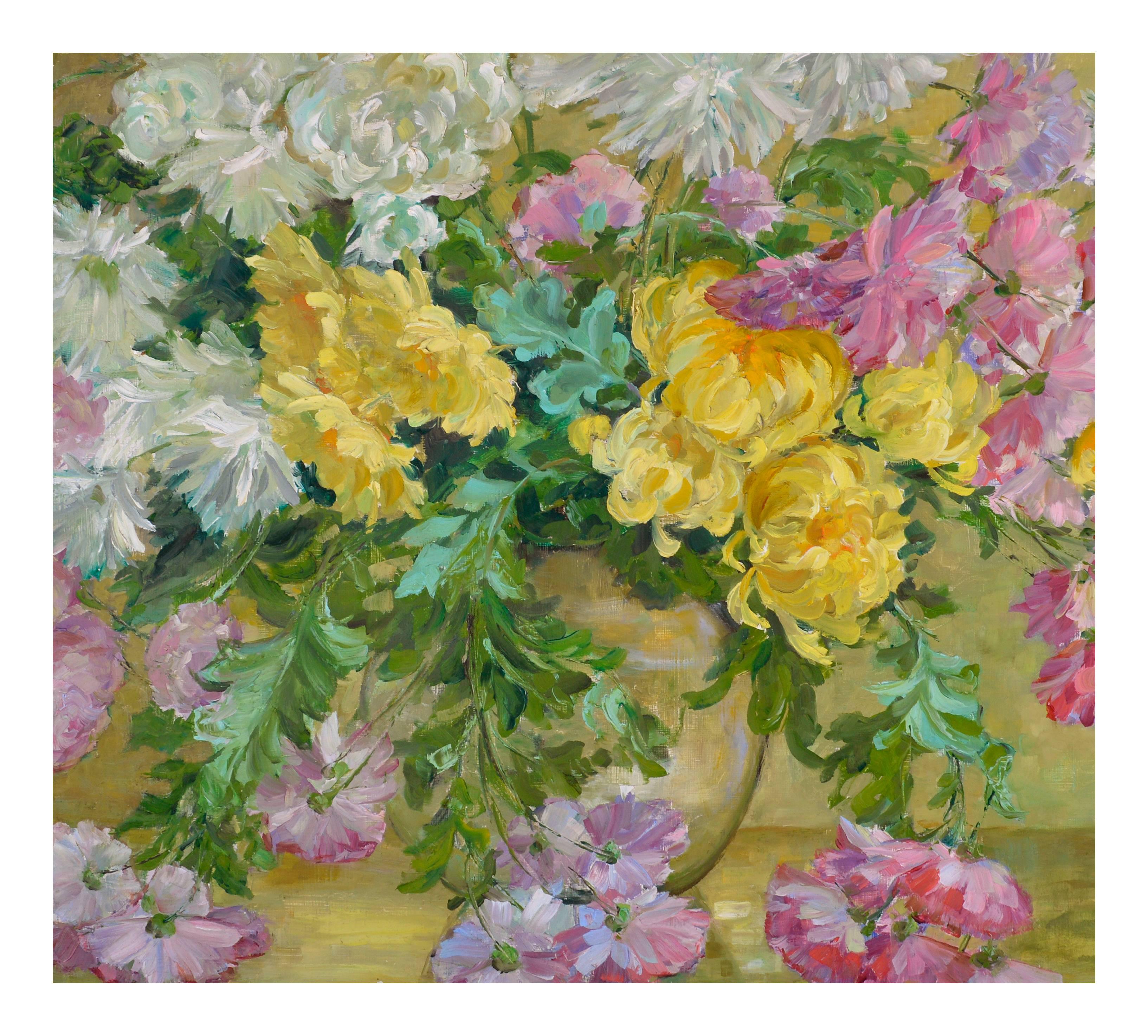 Chrysanthemums & Cosmos Bouquet  - American Impressionist Painting by Helen Enoch Gleiforst