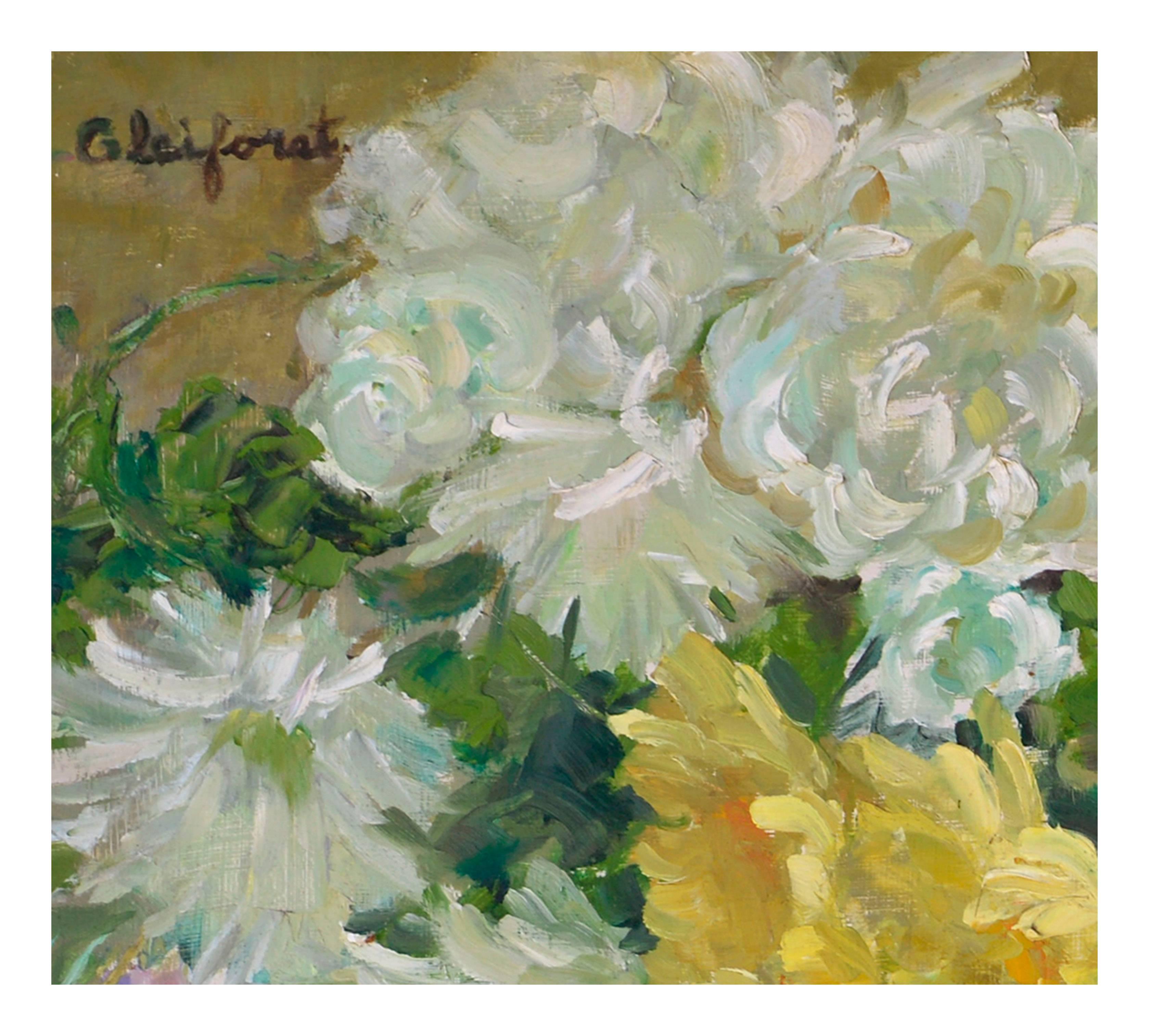 Chrysanthemums & Cosmos Bouquet  - Brown Still-Life Painting by Helen Enoch Gleiforst