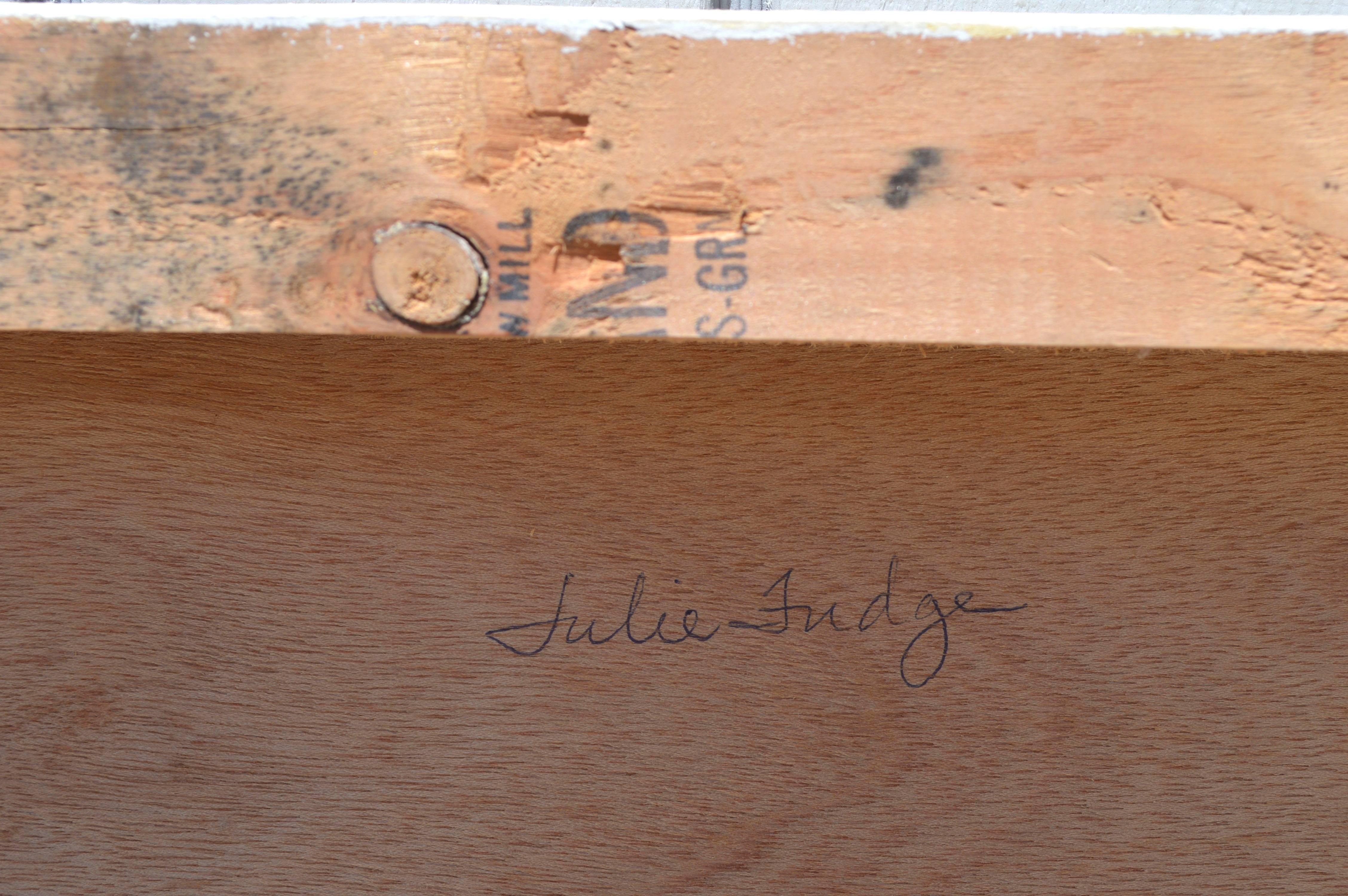 Huile abstraite sur panneau de bois représentant les débuts de l'ascension de la Terre par Julie R. Fudge (Américaine, 20e siècle). Signé 