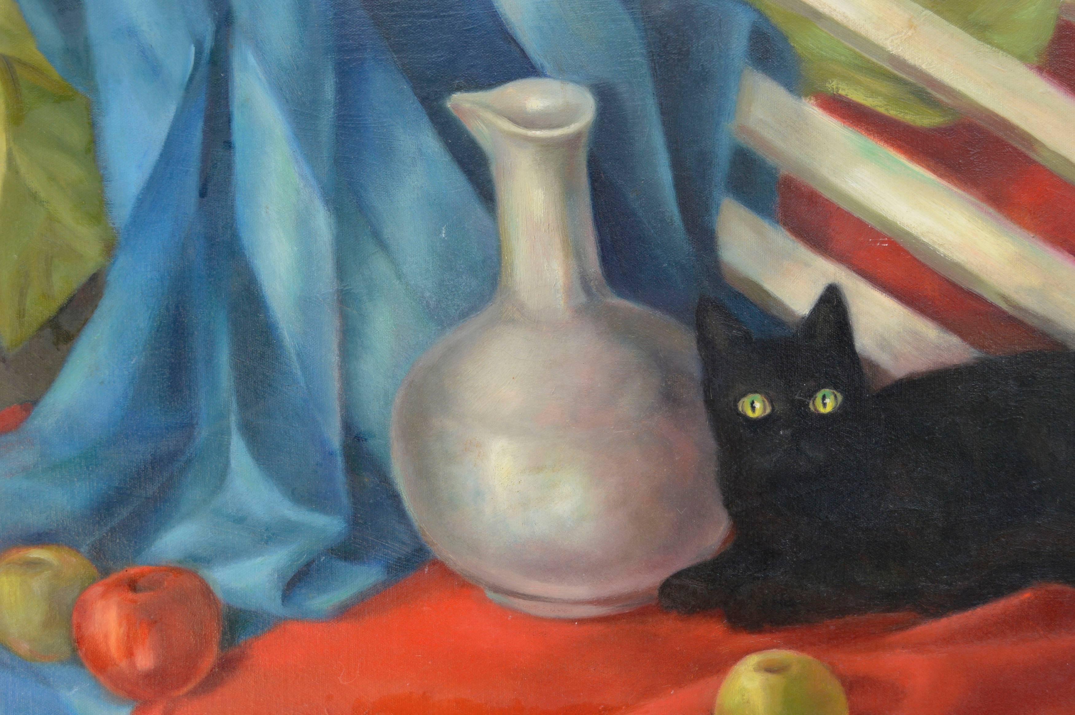 Bodegón con gato negro y jarrón de mediados de siglo - Painting de Joseph Tanous