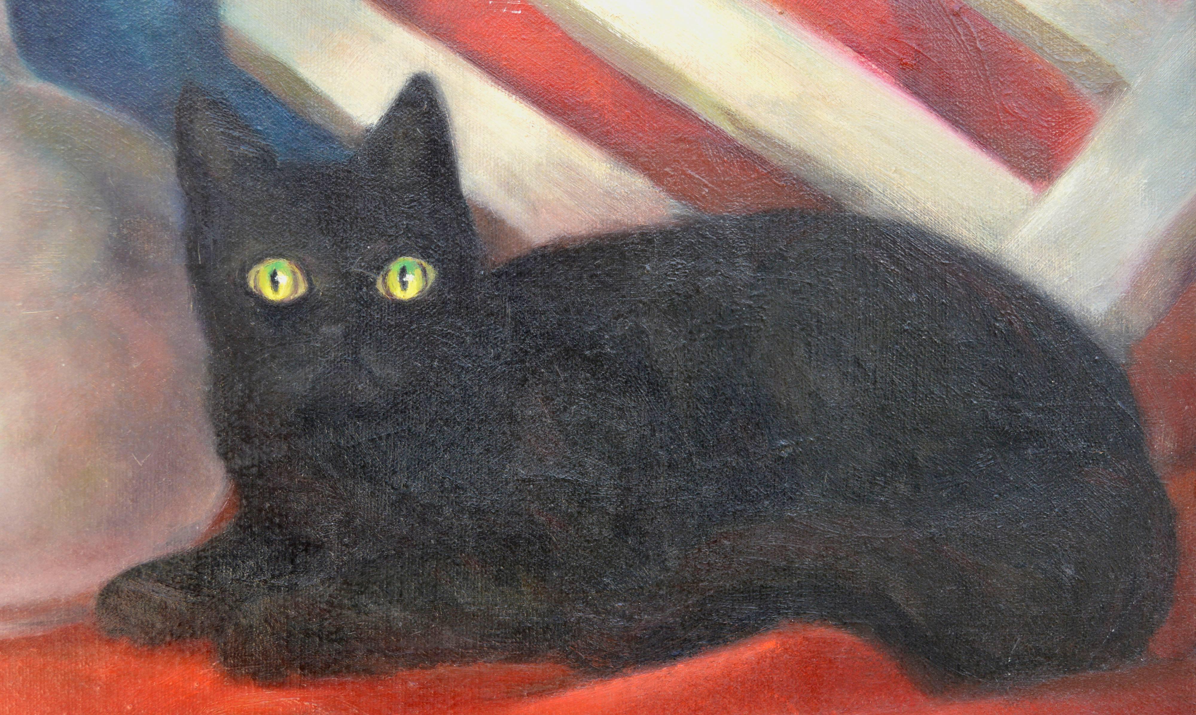 Bodegón con gato negro y jarrón de mediados de siglo - Painting impresionista estadounidense de Joseph Tanous