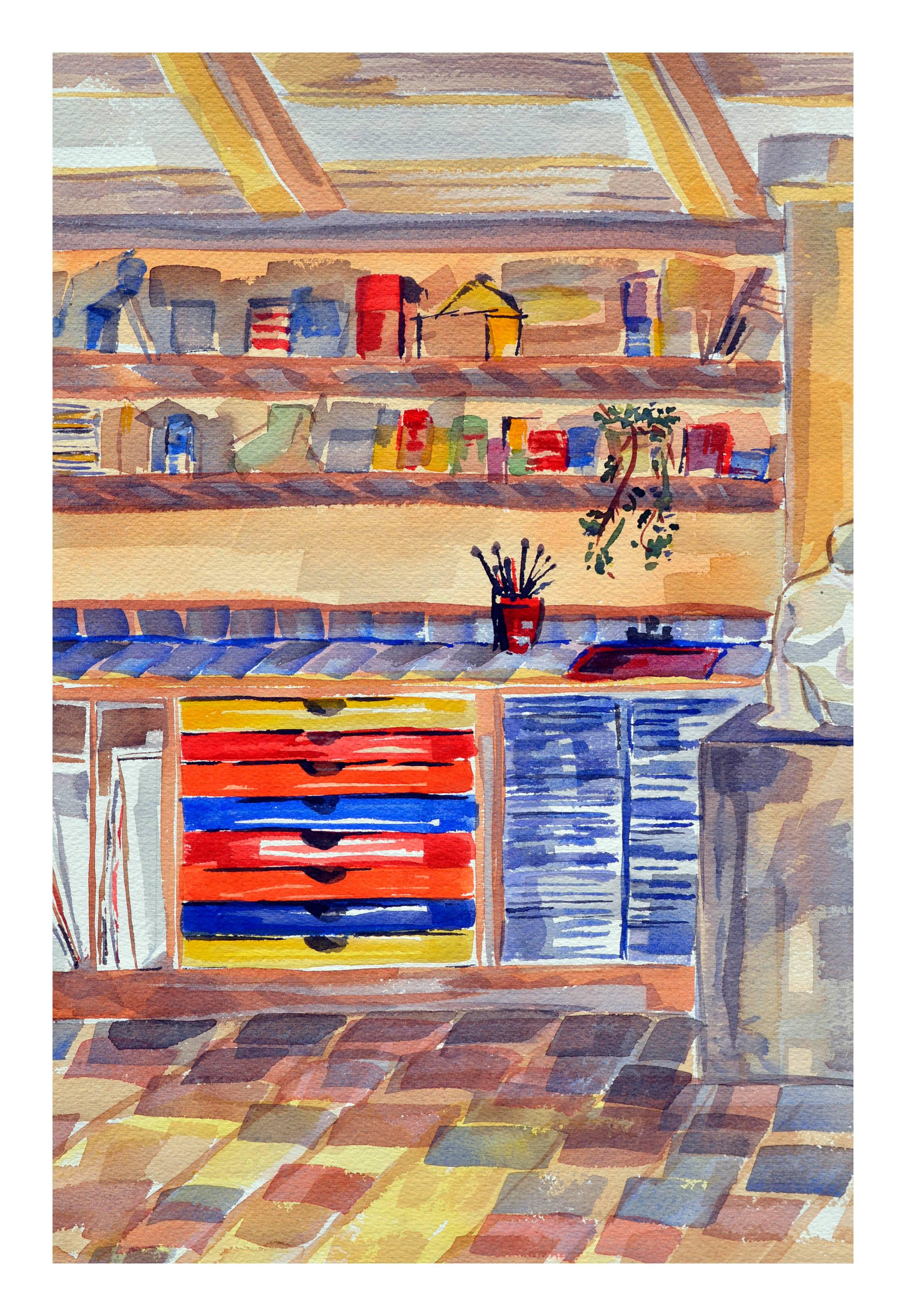 El Estudio de los Artistas - Acuarela Interior - Painting de Doris Warner