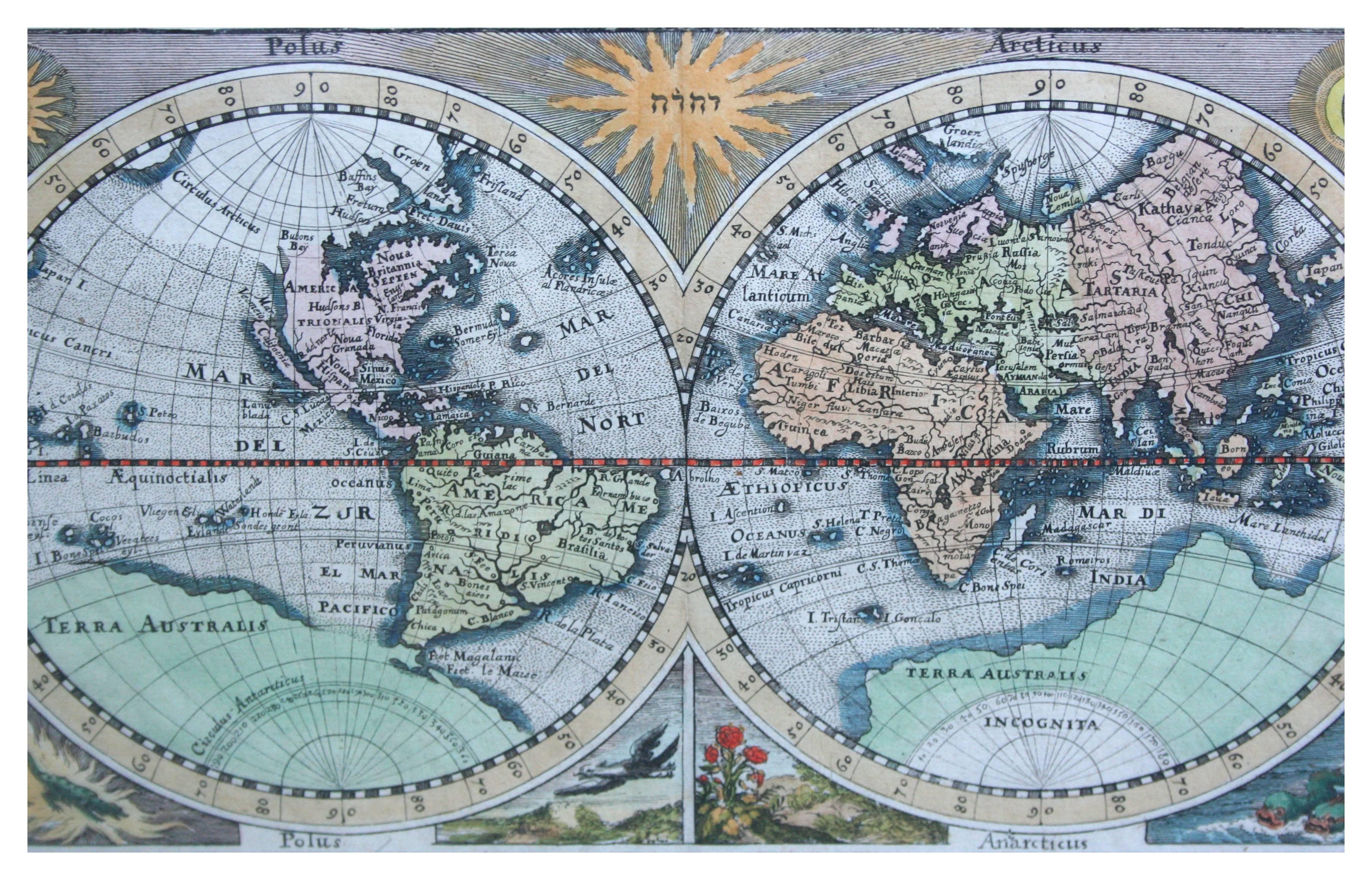 Hand-colored twin hemisphere map of the world by Matthaus Merian. From Gottfried's 