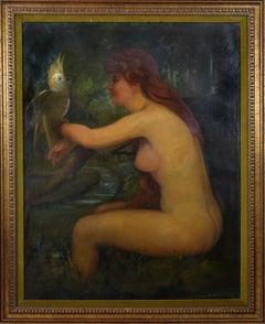 Nude Woman with Cockatoo - Antique Forest Scene Oil Paint by William Lees Judson