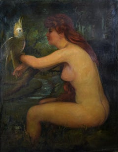 Nude Woman with Cockatoo - Antique Forest Scene Oil Paint by William Lees Judson