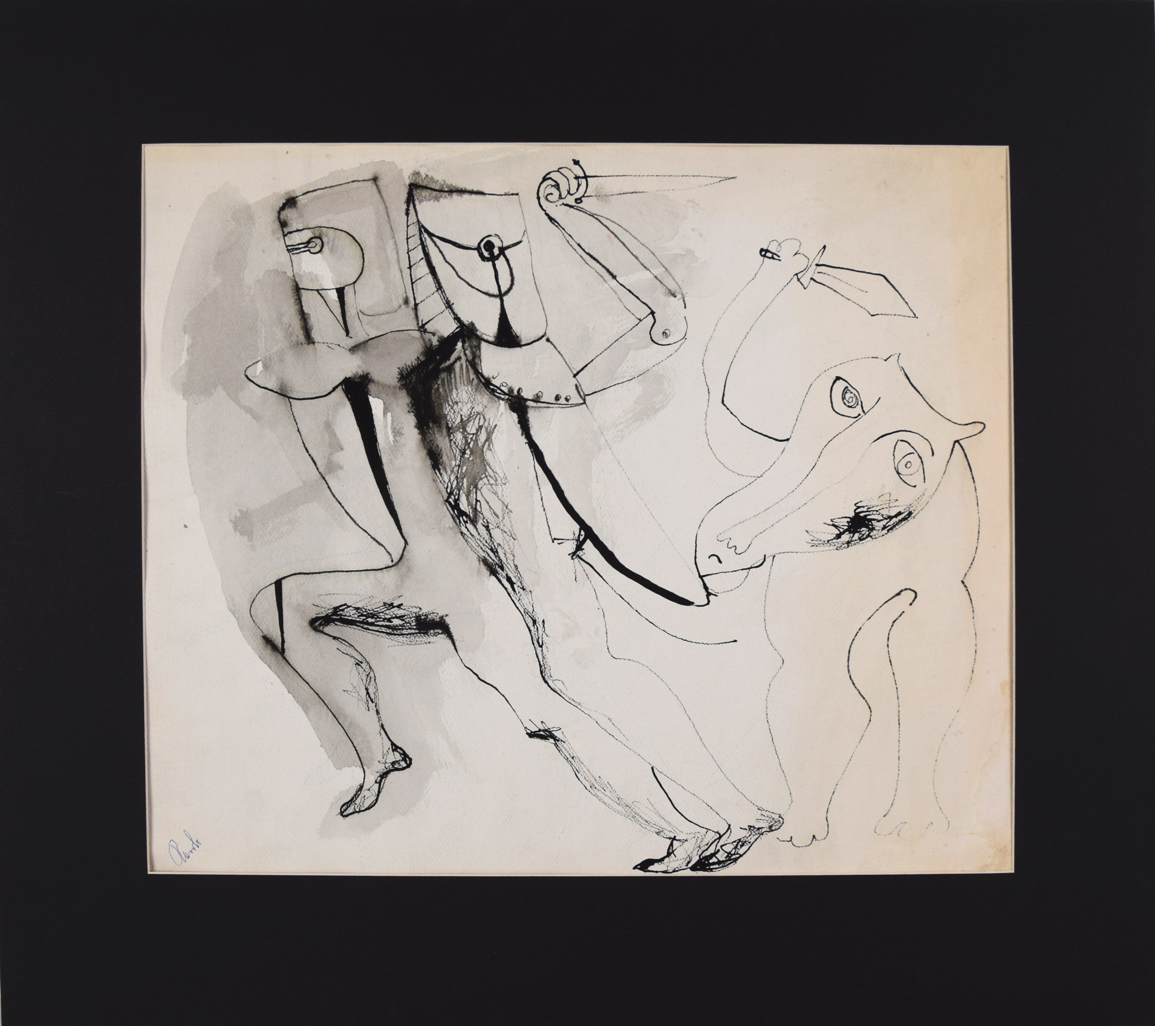 St. George and the Dragon, Abstract Expressionist Drawing - Ink on Paper, Signed