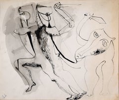 San Giorgio e il drago, disegno espressionista astratto - inchiostro su carta, firmato