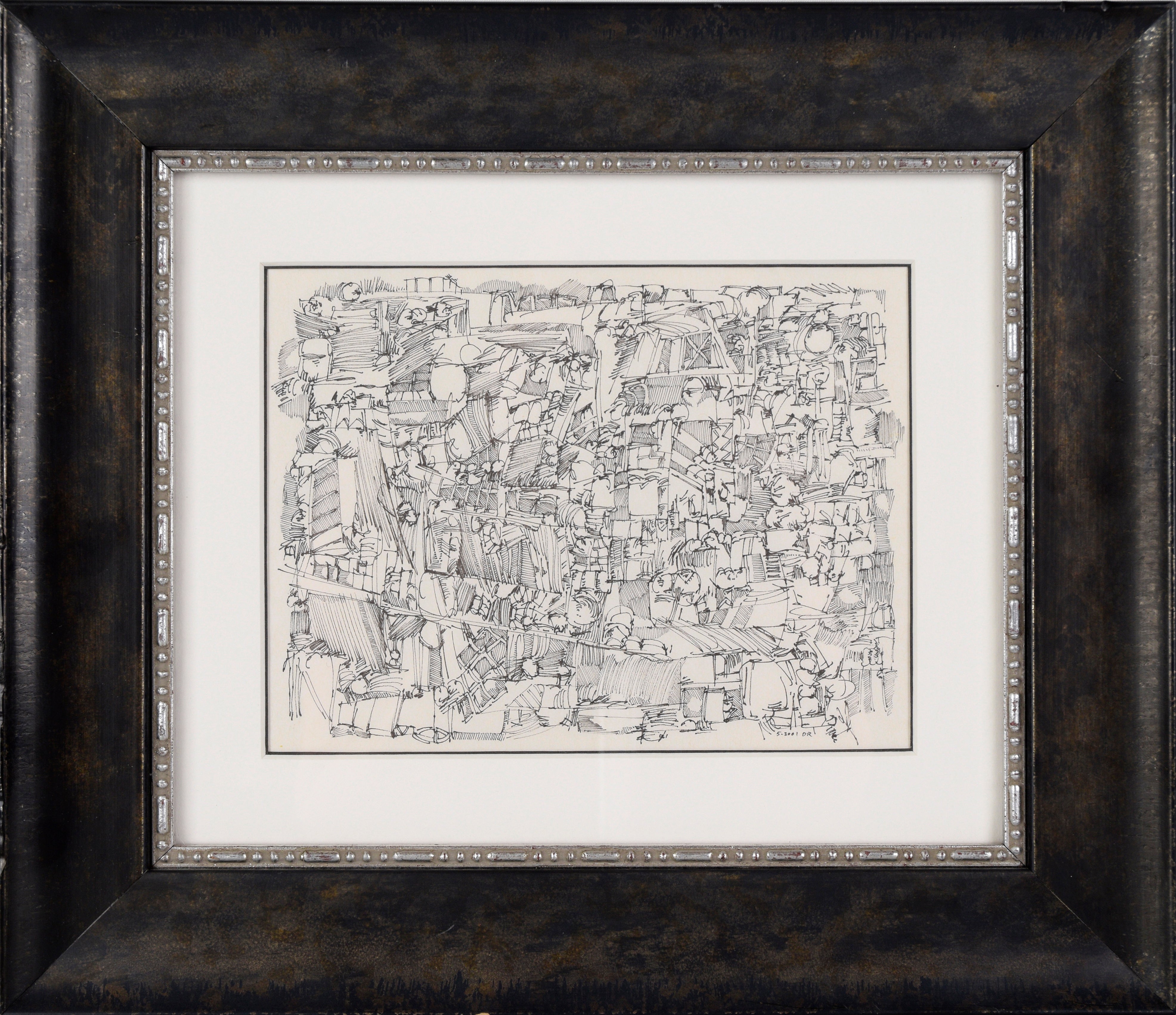 Dessin au trait d'expressionnisme abstrait à l'encre, œuvre originale signée