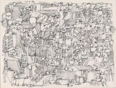 Abstrakte expressionistische Strichzeichnung in Tinte, signiertes Originalwerk