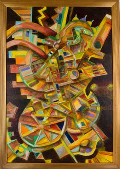 Abstract Expressionist Geometric Painting with Mixed Media, Original Signed Work