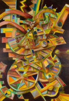 Peinture géométrique expressionniste abstraite réalisée à l'aide de techniques mixtes, œuvre originale signée