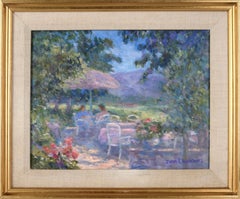 Paysage impressionniste – Repas sur la terrasse, peinture à l'huile originale, signée