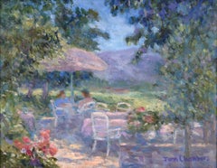 Impressionist Landscape Scene - Meal on the Patio, Original Oil Painting, Signed